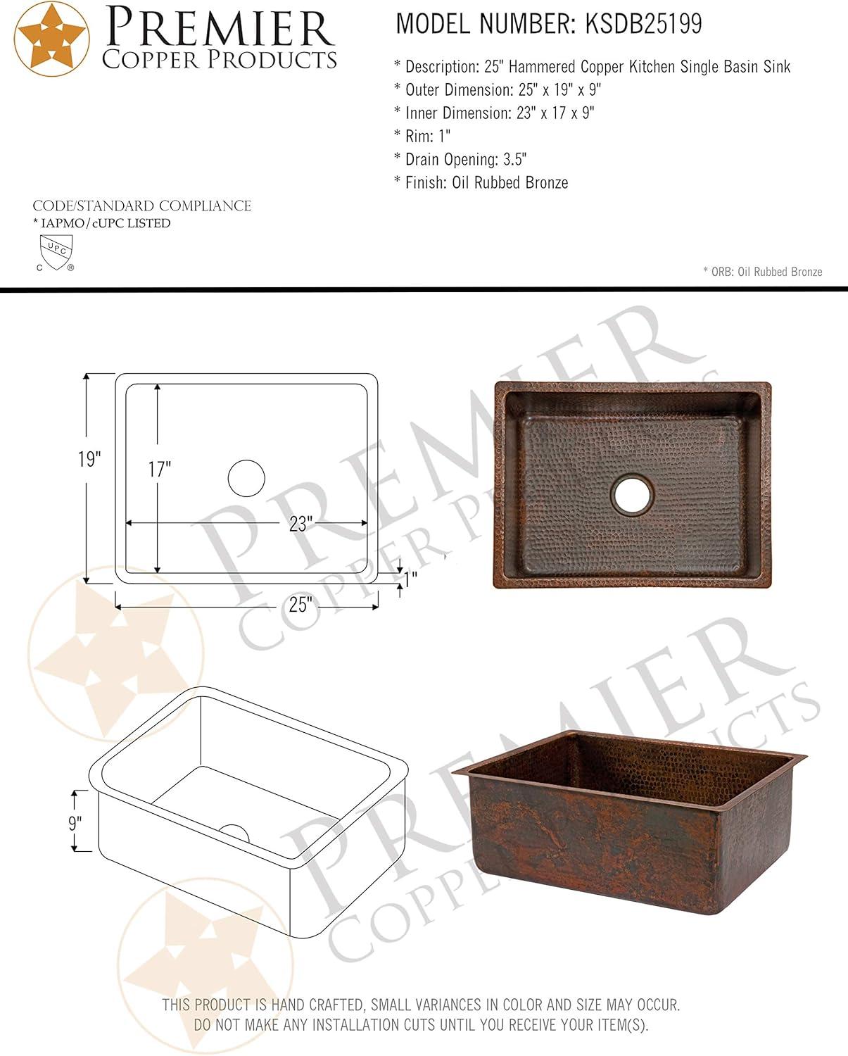 Premier Copper Products KSDB25199 25" Hammered Copper Single Basin Kitchen Sink