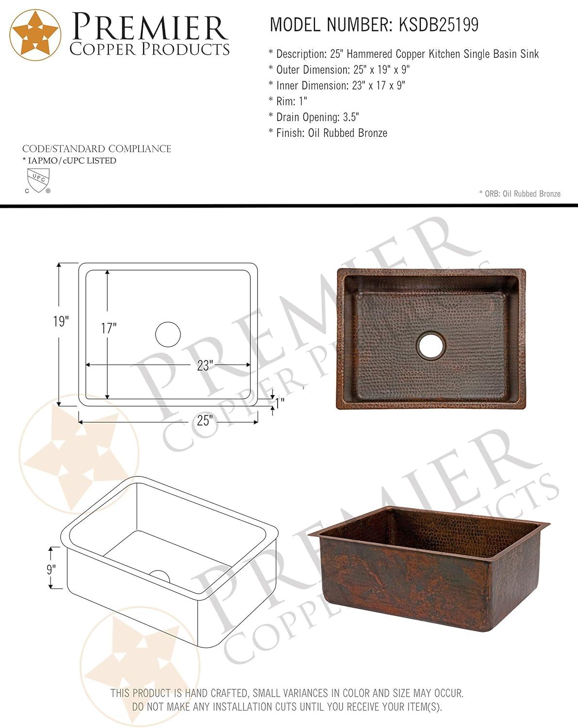 Premier Copper Products KSDB25199 25" Hammered Copper Single Basin Kitchen Sink