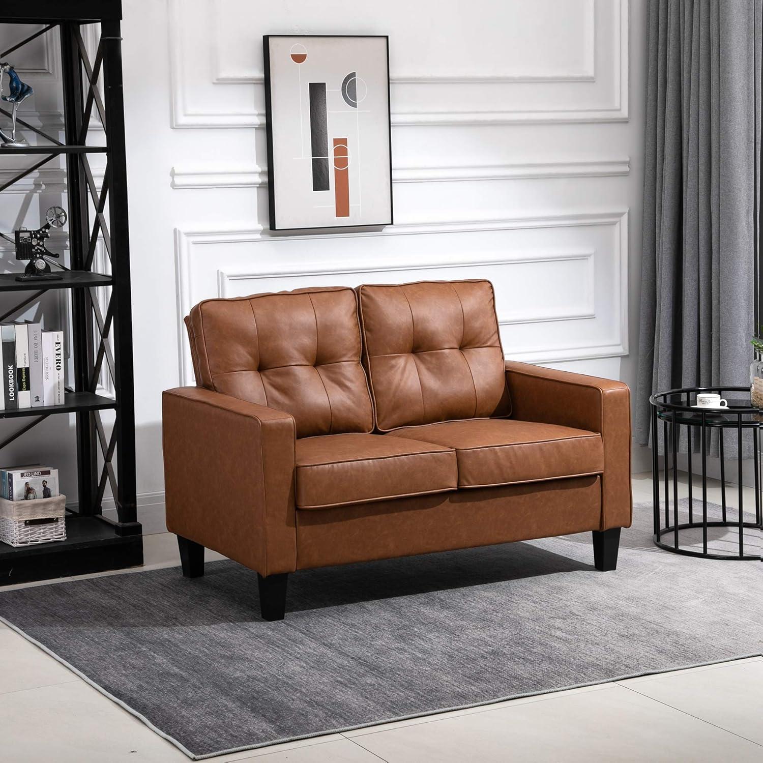 HOMCOM 51'' Brown PU Leather Tufted Loveseat with Armrest