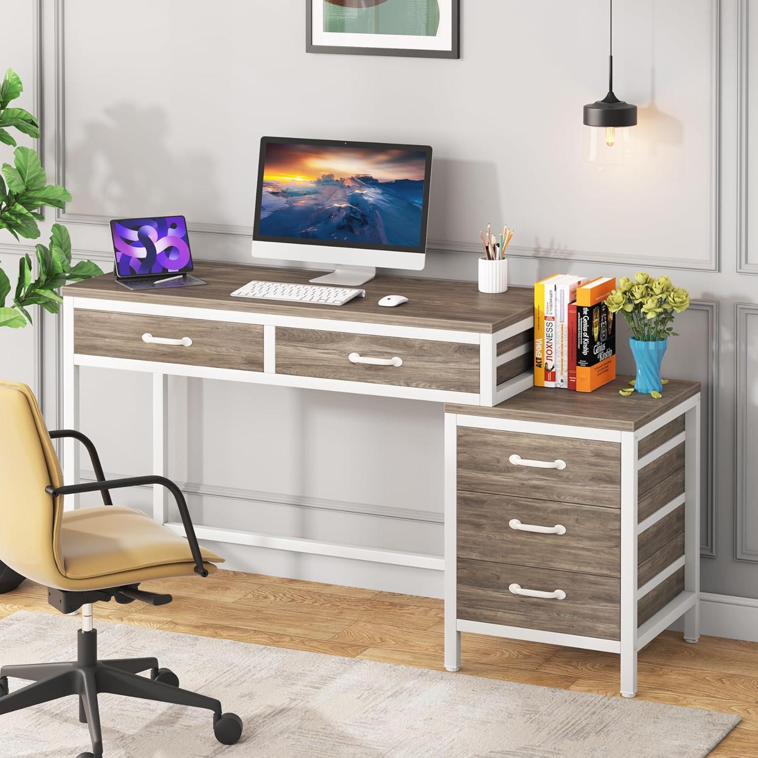 5-Drawer Computer Desk, Study Writing Table with Reversible Drawer Cabinet Gray & White