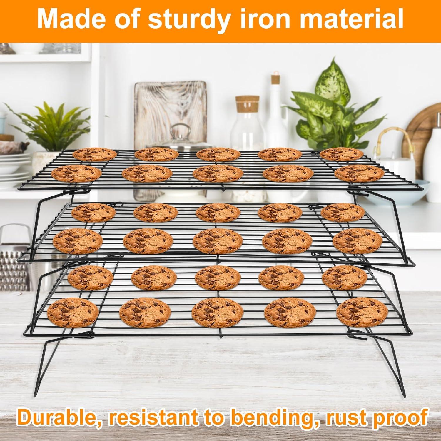 Duslogis 3-Tier Cooling Rack for Cookies, Cake and More, Stackable Non-Stick Baking Cooking Cooling Racks for Cooling Roasting Grilling, Black