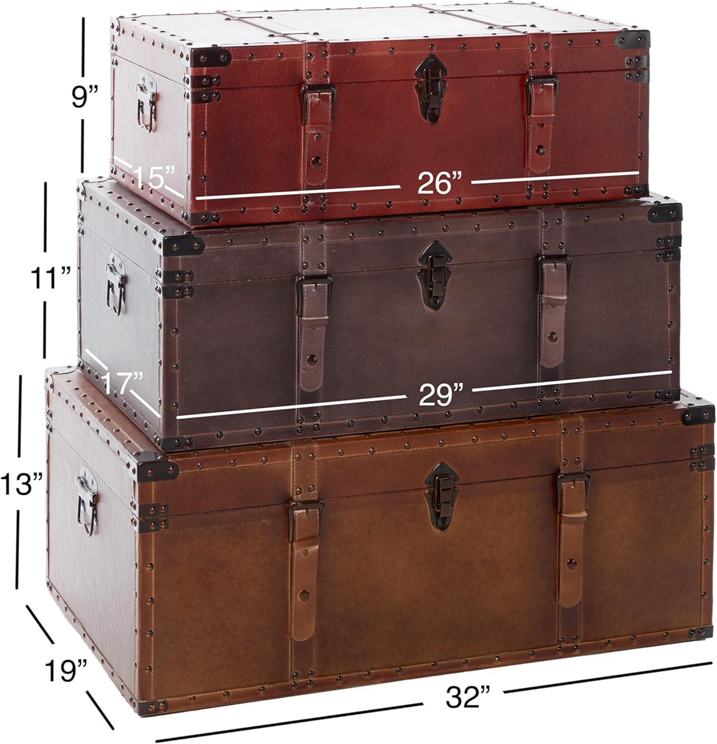 DecMode Rustic Wood Stacked Style Storage Trunk, Set of 3 32", 29", 26"W with Red, Taupe Brown, and Tan Finish