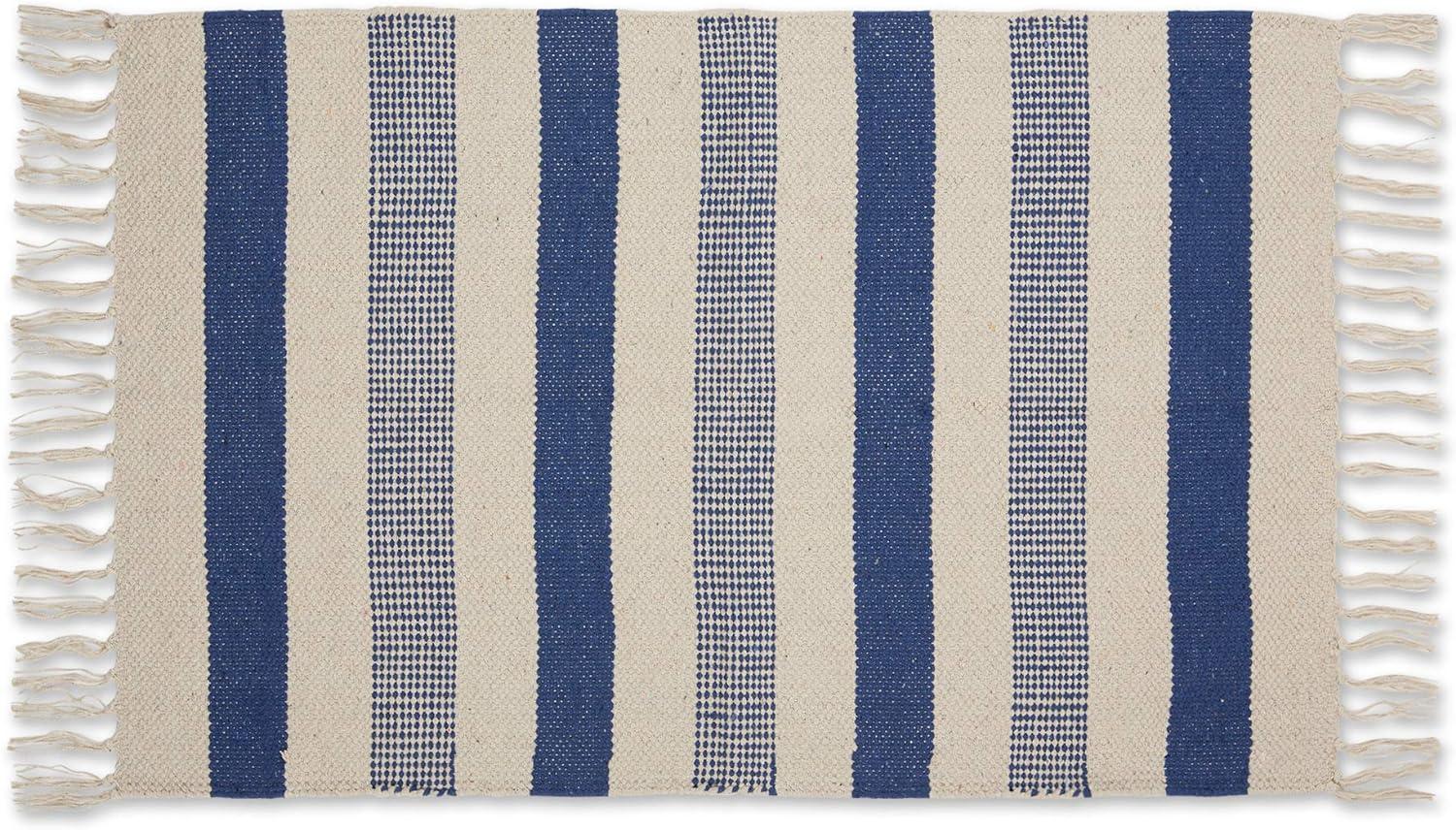 French Blue Striped Hand-Loomed Cotton Rug 24x36 Inch