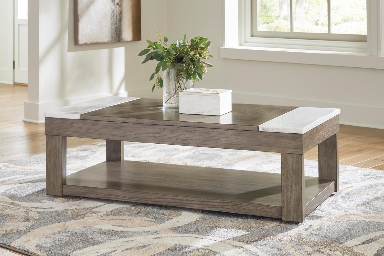 Brown and White Marble Lift-Top Rectangular Coffee Table