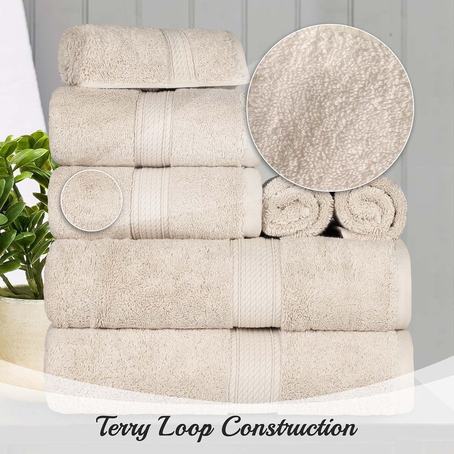 SUPERIOR Solid Egyptian Cotton Towel Set, Washcloths 13 x 13 , Hand Towels 20 x 30 , Bath Towels 30 x 55 , Cream, 6-Pieces Cream 6-Piece Towel Set