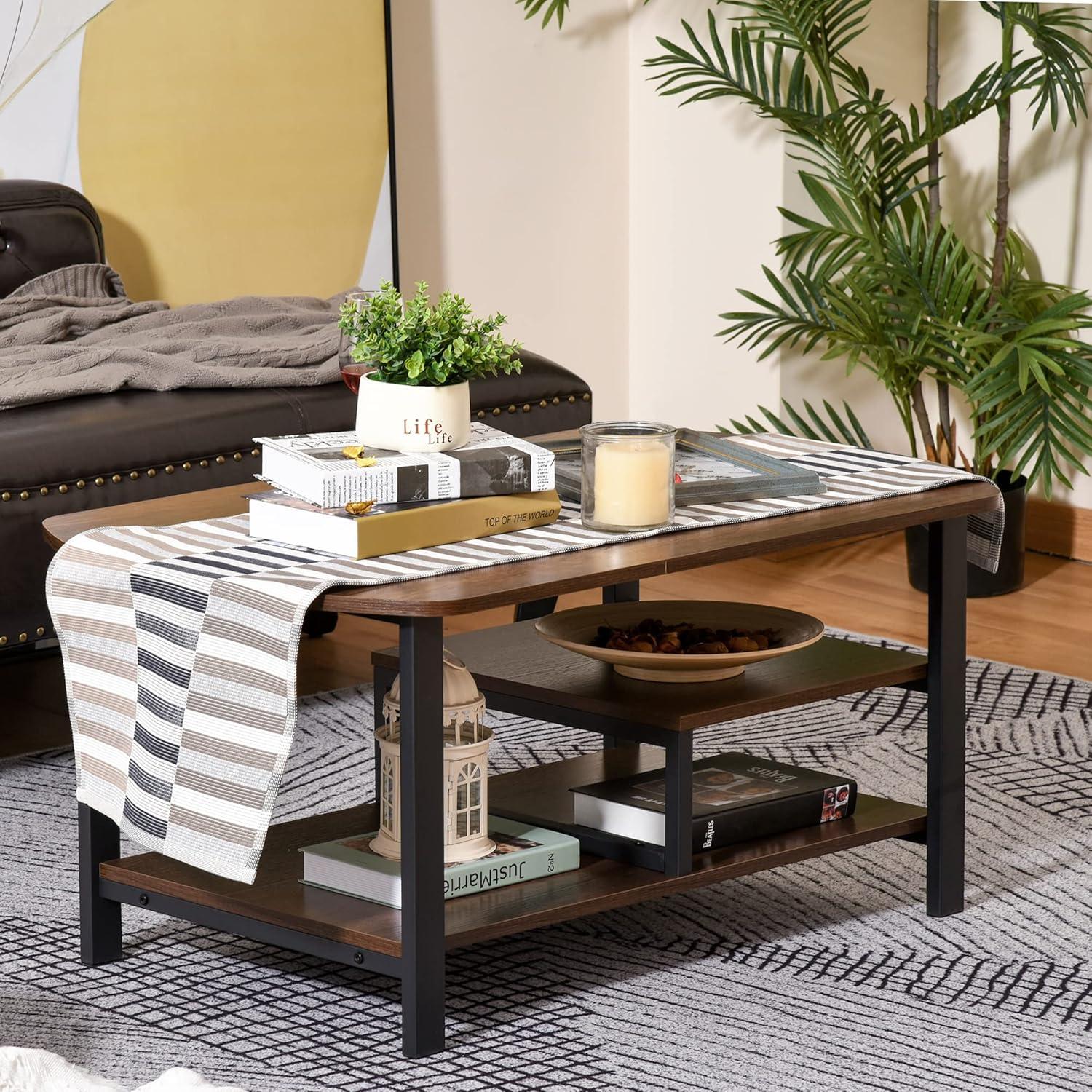 HomCom Vintage Industrial Coffee Table with Under-Top Storage Shelves and Rounded corners, Dark Wood Color