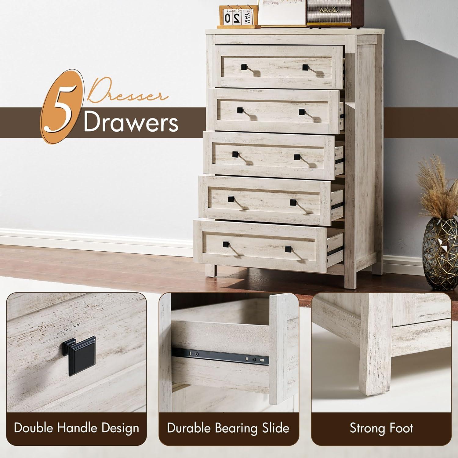 Lifewit Farmhouse 5 Drawers Dresser for Bedroom, Dressers & Chests of Drawers, Tall Wooden Dresser Organizer for Bedroom, Living Room, Hallway, Entryway, Rustic White