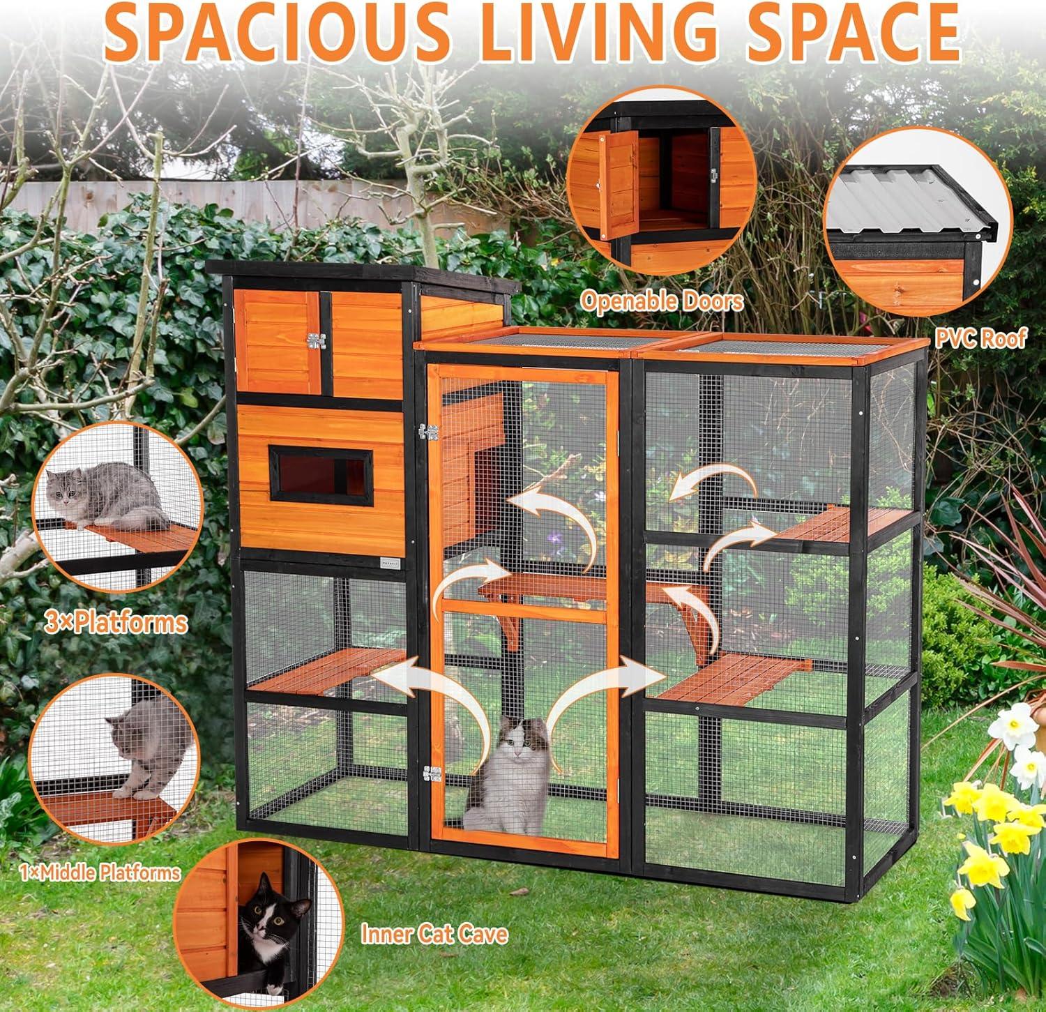 PETSFIT Outdoor Cat Catio 4 Tries, 2 Resting Room, 4 Platforms and Waterproof Roof, Outdoor Cat House ,Orange
