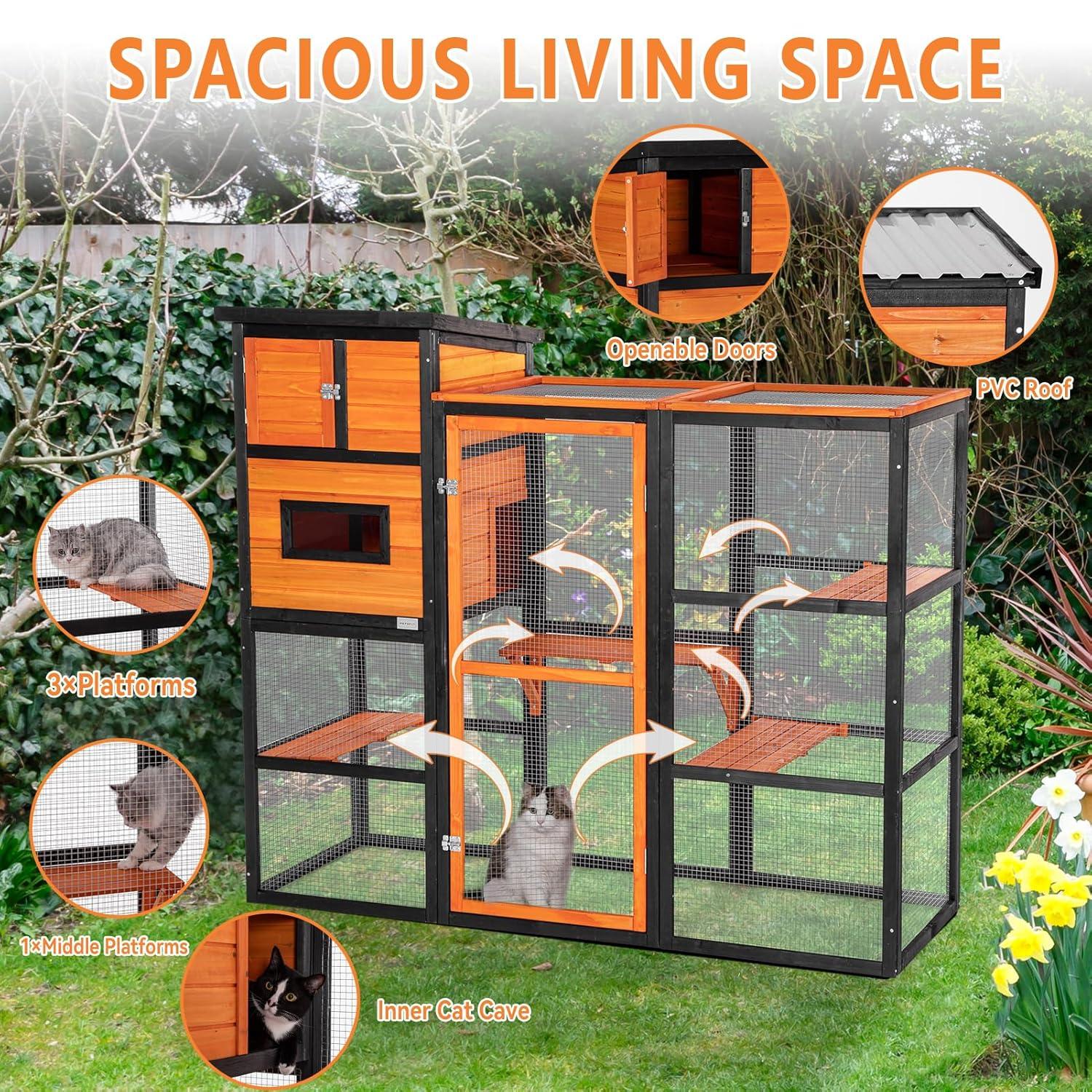 PETSFIT Outdoor Cat Catio 4 Tries, 2 Resting Room, 4 Platforms and Waterproof Roof, Outdoor Cat House ,Orange