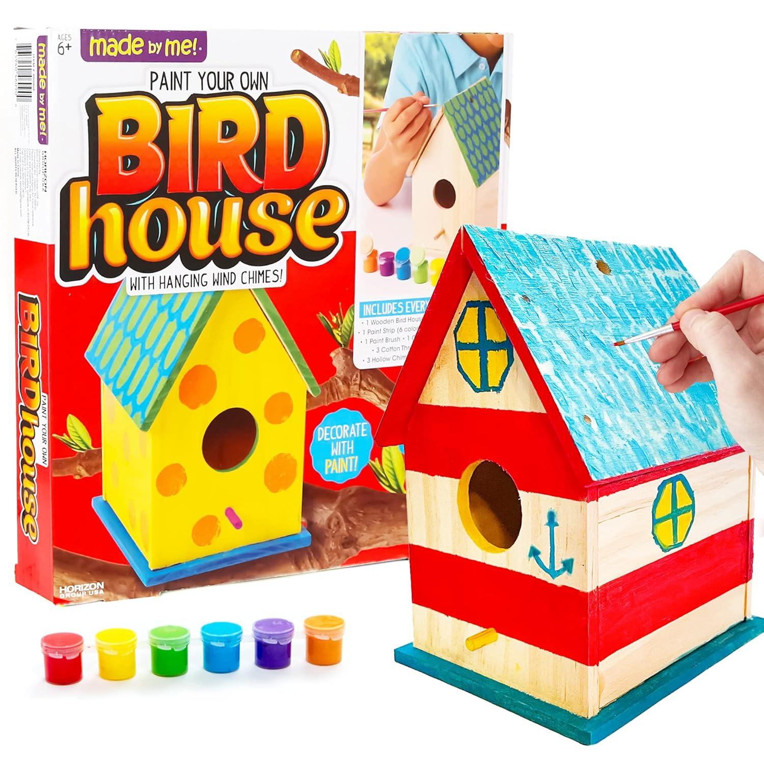 Made By Me Build & Paint Your Own Wooden Bird House Horizon Group USA, DIY Birdhouse Making Kit, Includes Paints, Brushes, Glue & Wind Chimes, Multicolor (46090F)