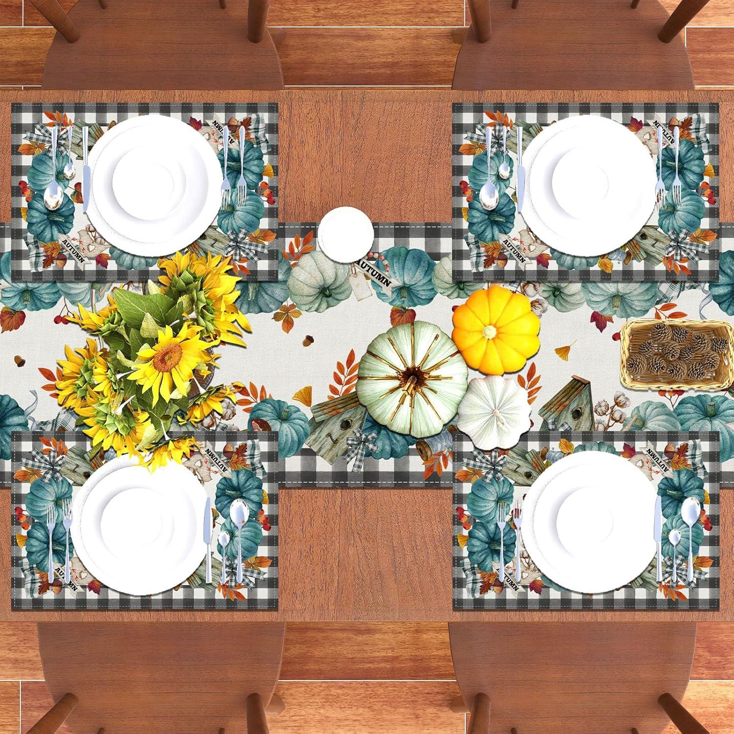 Linen Fall Placemats Set of 4 Blue Pumpkin Table Mats Buffalo Plaid Autumn Maple Leaves Pumpkin Decor Harvest Fall Harvest Decorations and Supplies for Home Kitchen Table-12×18''''