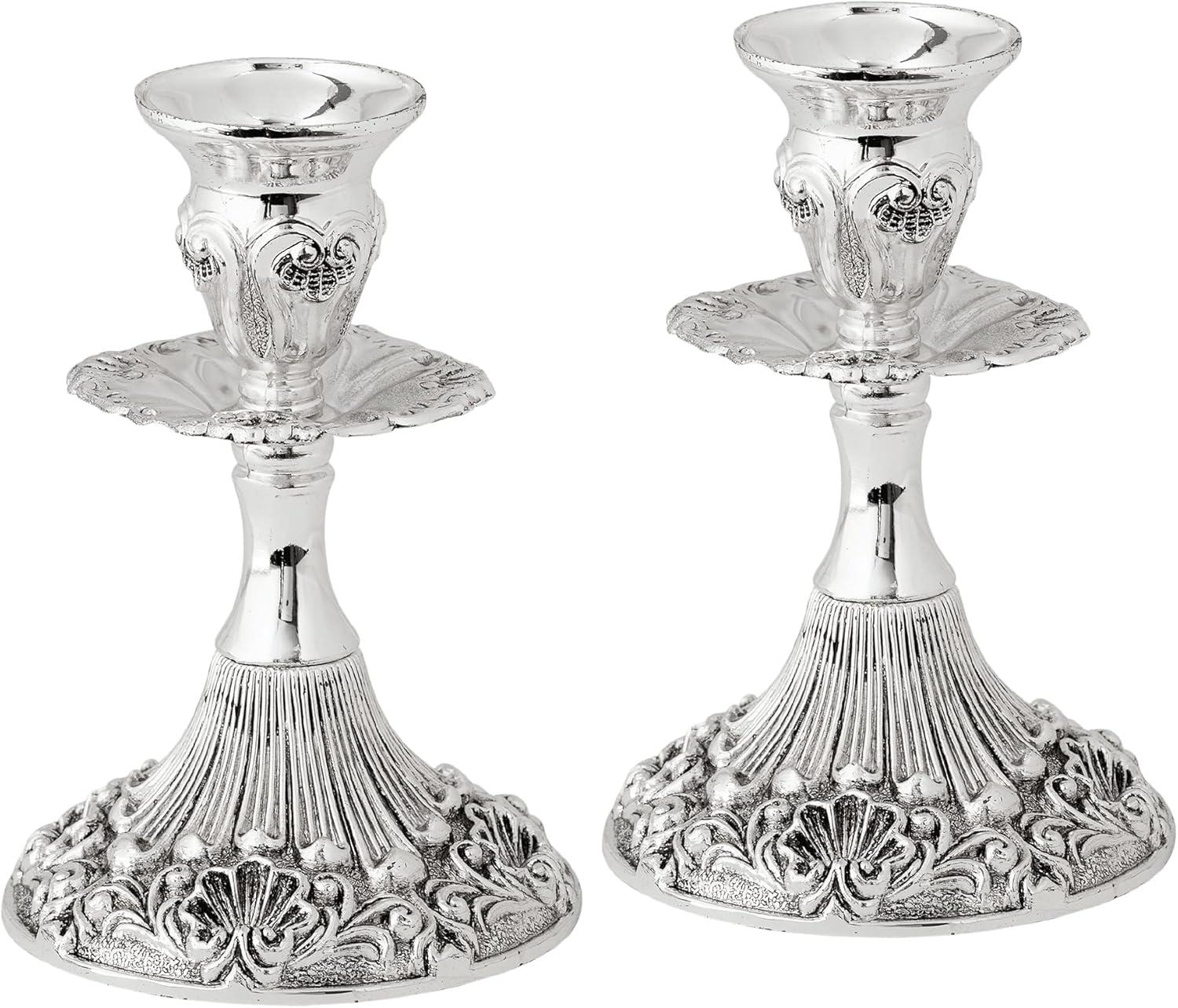 Ner Mitzvah, 5" Silver Plated Candle Stick - Contemporary (2 Pack)