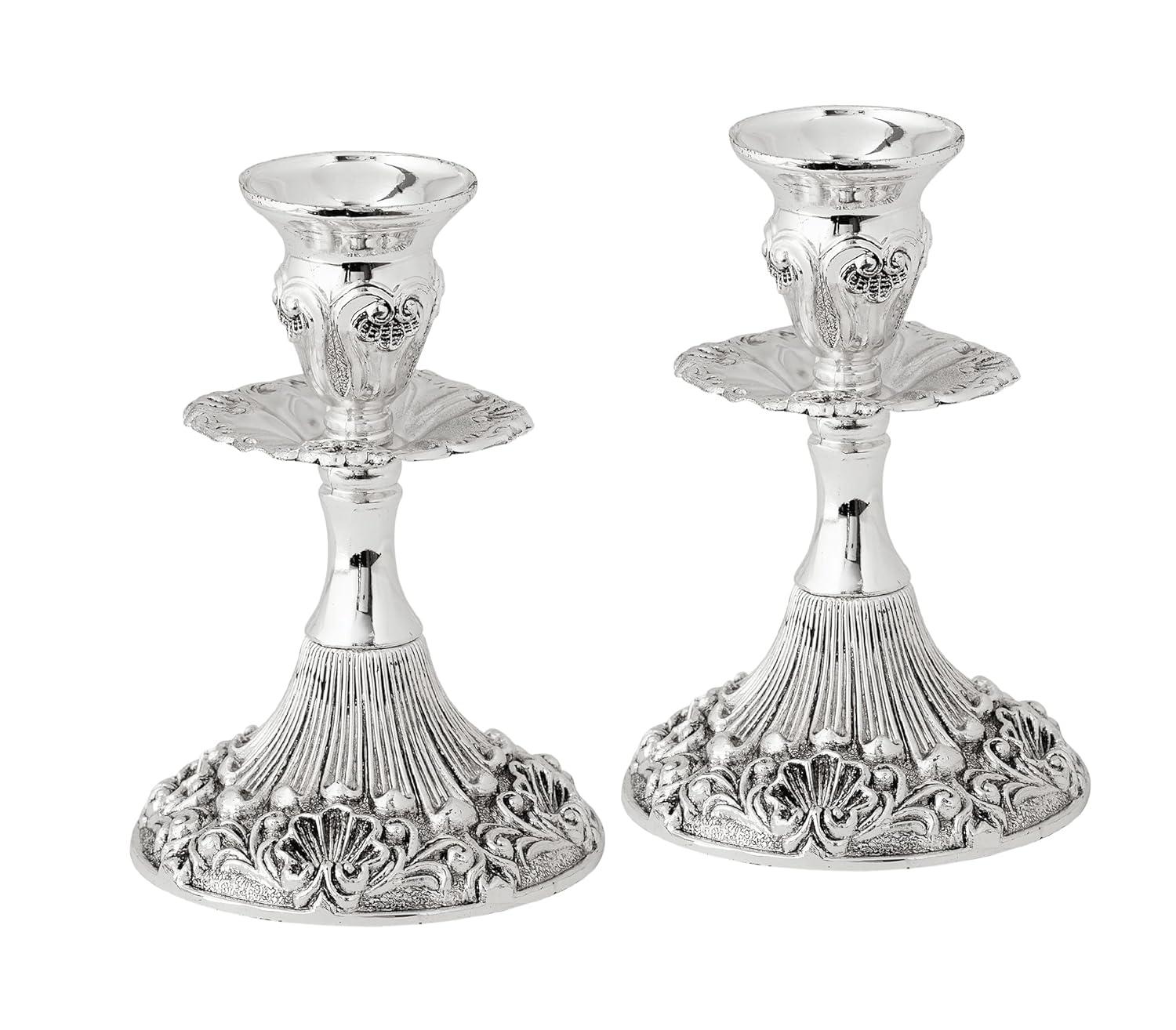 Ner Mitzvah, 5" Silver Plated Candle Stick - Contemporary (2 Pack)