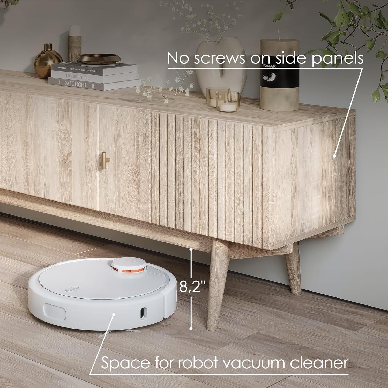 Living Skog  Chelsea Brown TV Stand Fits for TV's up to 65 in. with Slatted Design and Wood Legs Beige Matte Laminate, MDF