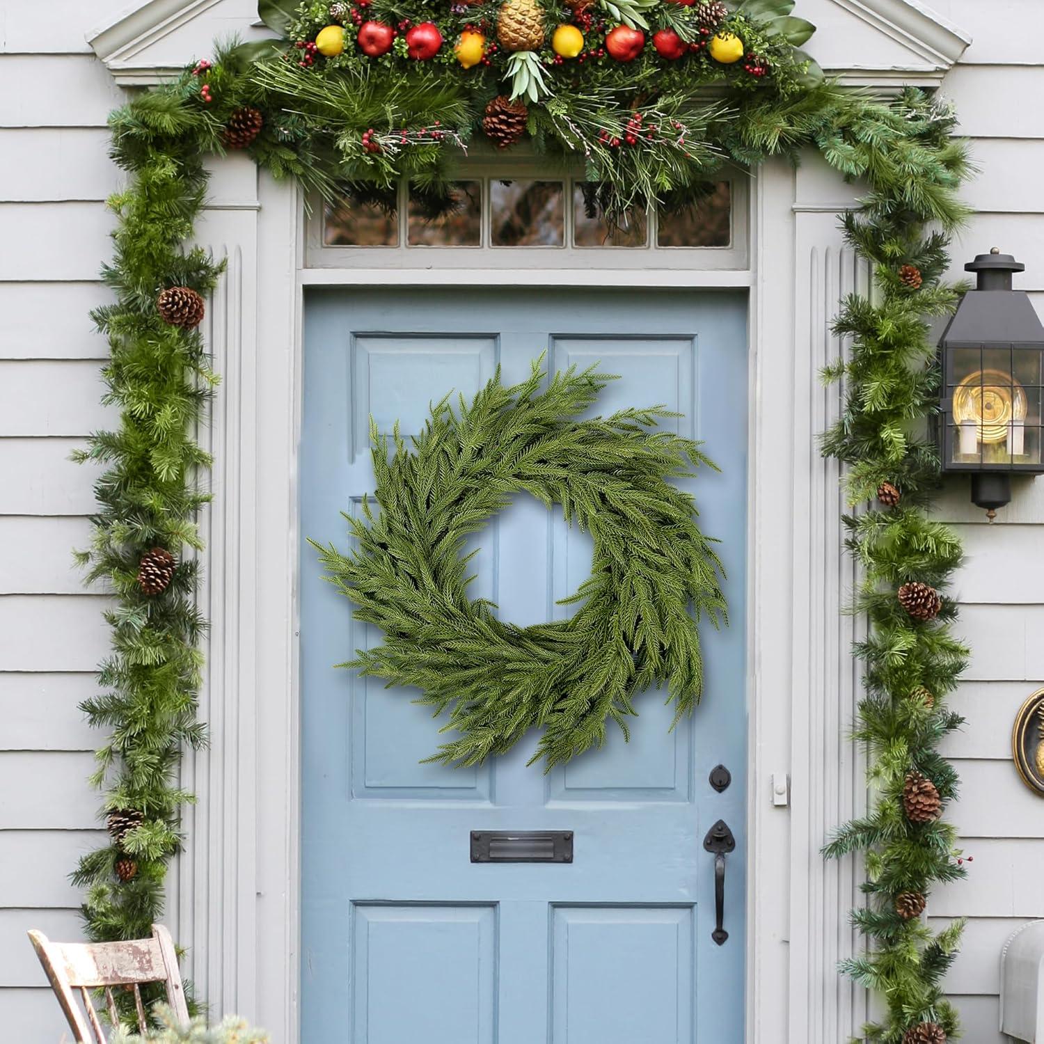 24" Pine Wreath for Front Door Artificial Christmas Wreath Green Faux Pine Wreath for Wall Windows Mantle Outdoor Christmas Decoration