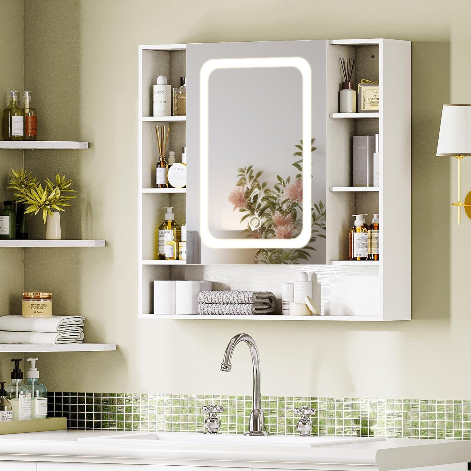 White Illuminated Wall-Mounted Medicine Cabinet with Glass Doors