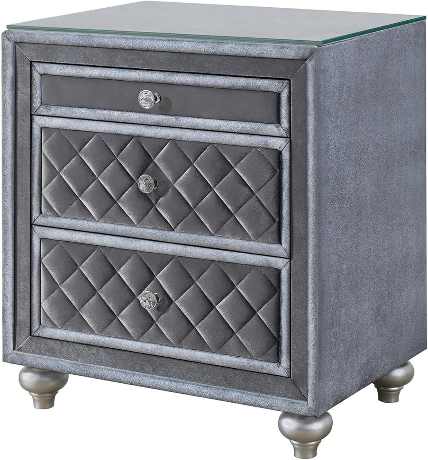 Gray Velvet 3-Drawer Nightstand with Glass Top and Crystal Knobs