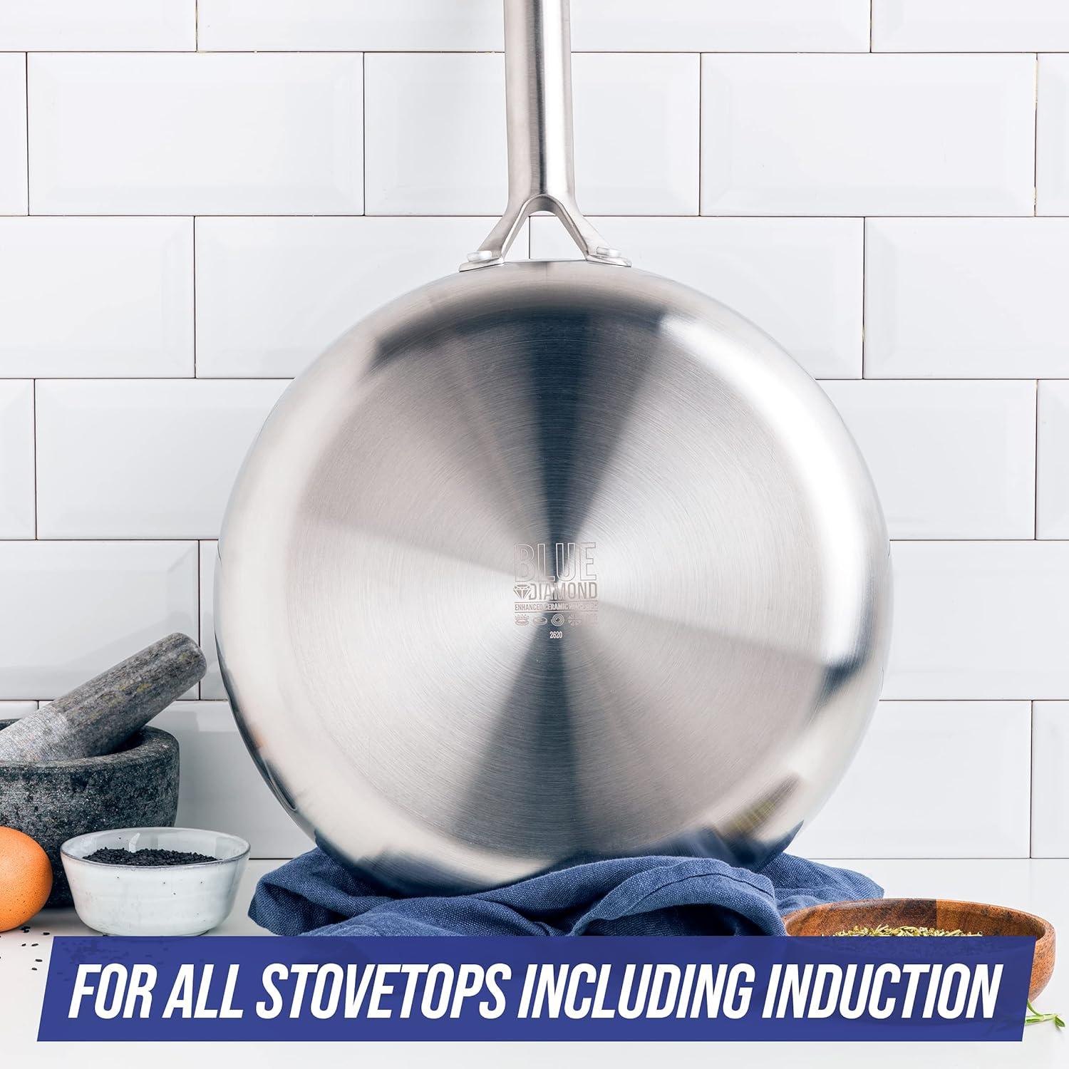 Blue Diamond Blue Diamond Cookware Tri-Ply Stainless Steel Ceramic Nonstick, 9.5" Frying Pan Skillet, PFAS-Free, Multi Clad, Induction, Dishwasher Safe, Oven Safe, Silver