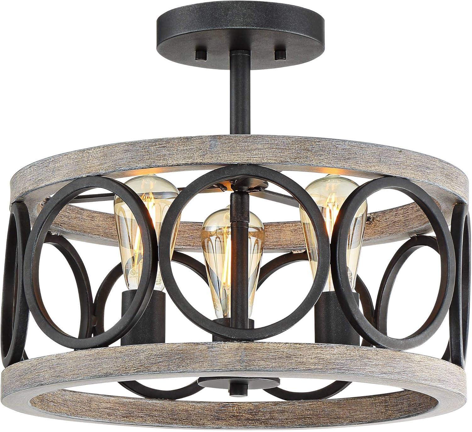 Franklin Iron Works Salima Rustic Farmhouse Ceiling Light Semi Flush Mount 16" Wide Black Gray Wood 3-Light for Bedroom Kitchen Living Room Hallway