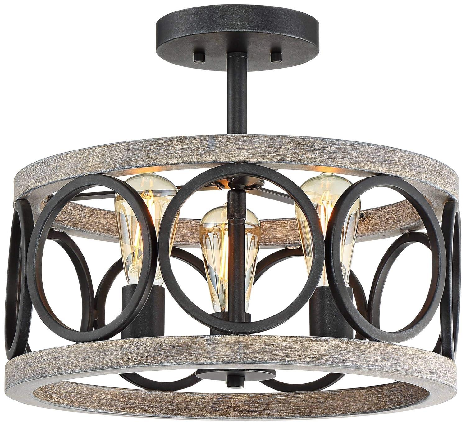 Franklin Iron Works Salima Rustic Farmhouse Ceiling Light Semi Flush Mount 16" Wide Black Gray Wood 3-Light for Bedroom Kitchen Living Room Hallway