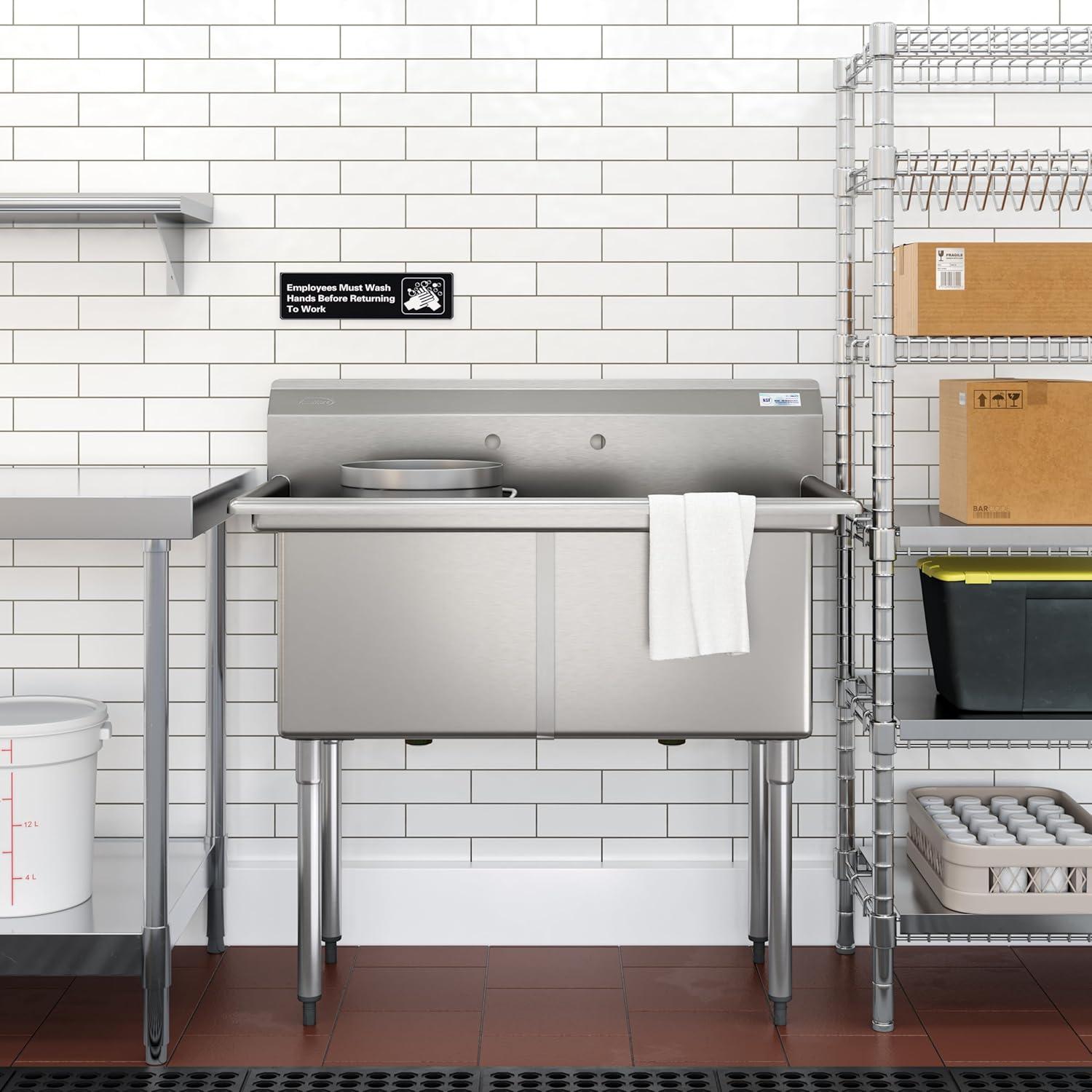 72 in. 16-Gauge Commercial Sink with Backsplash and Dual 18 in. Drainboards, Bowl Dimensions 18"x18"x14" in Stainless-Steel (KM-SB181814-18B316)
