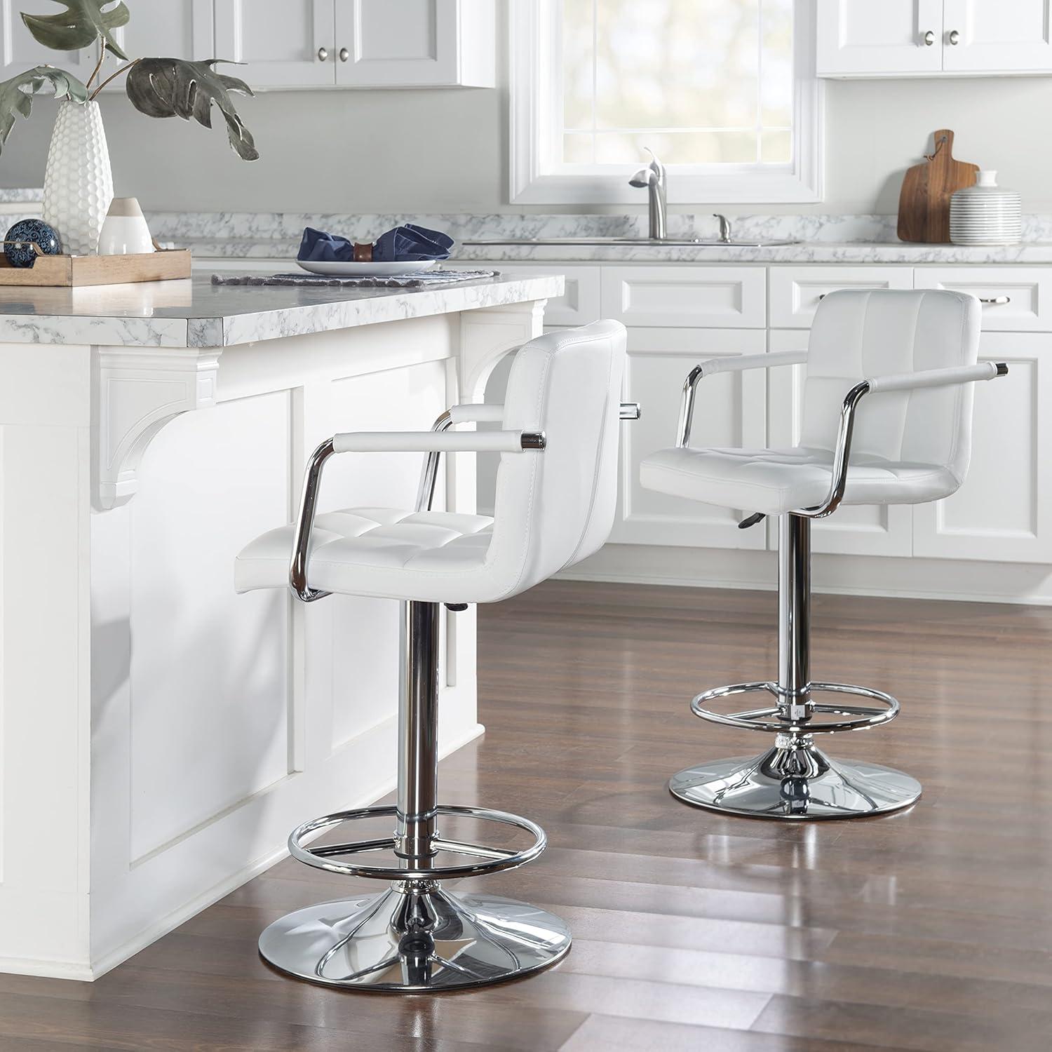 Linon White Quilted Faux Leather Gas-Lift Adjustable Swivel Bar Stool in Chrome