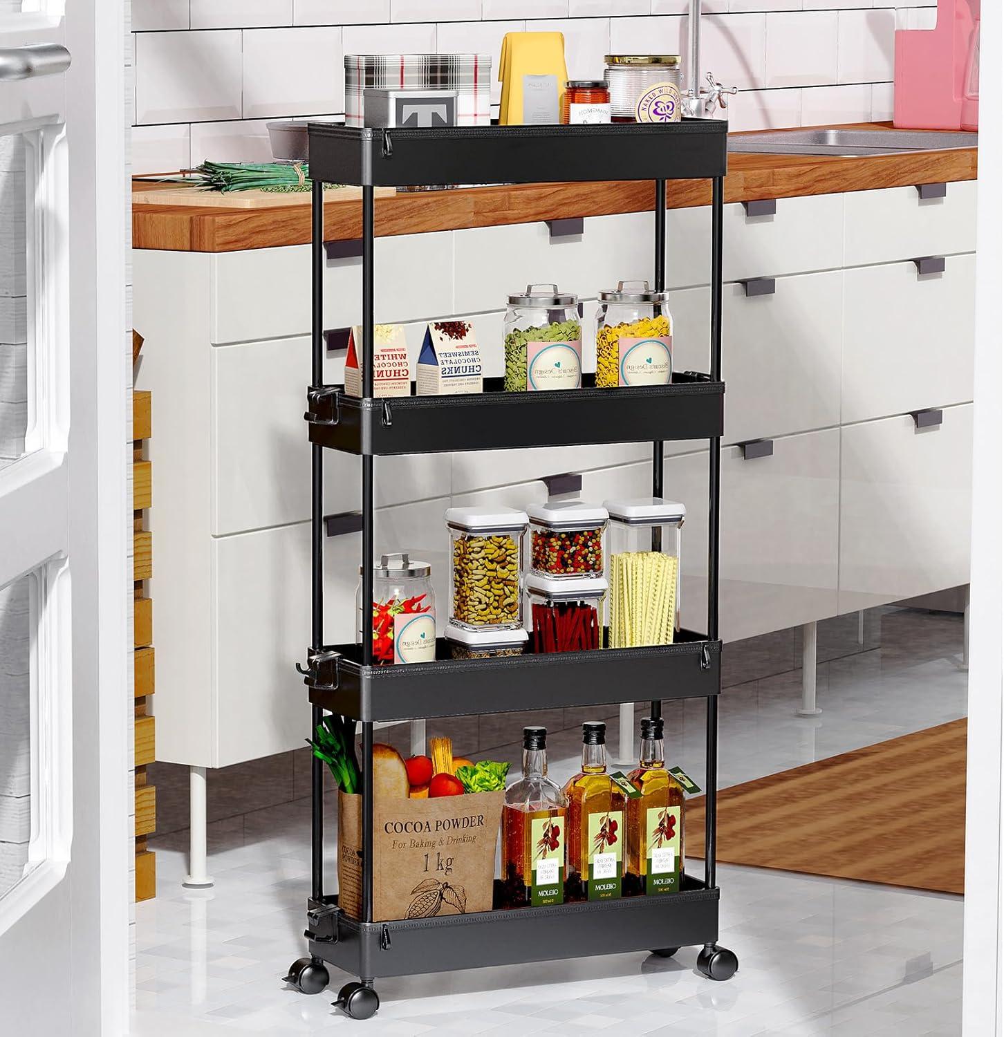 Black 4-Tier Rolling Storage Cart with Adjustable Shelves