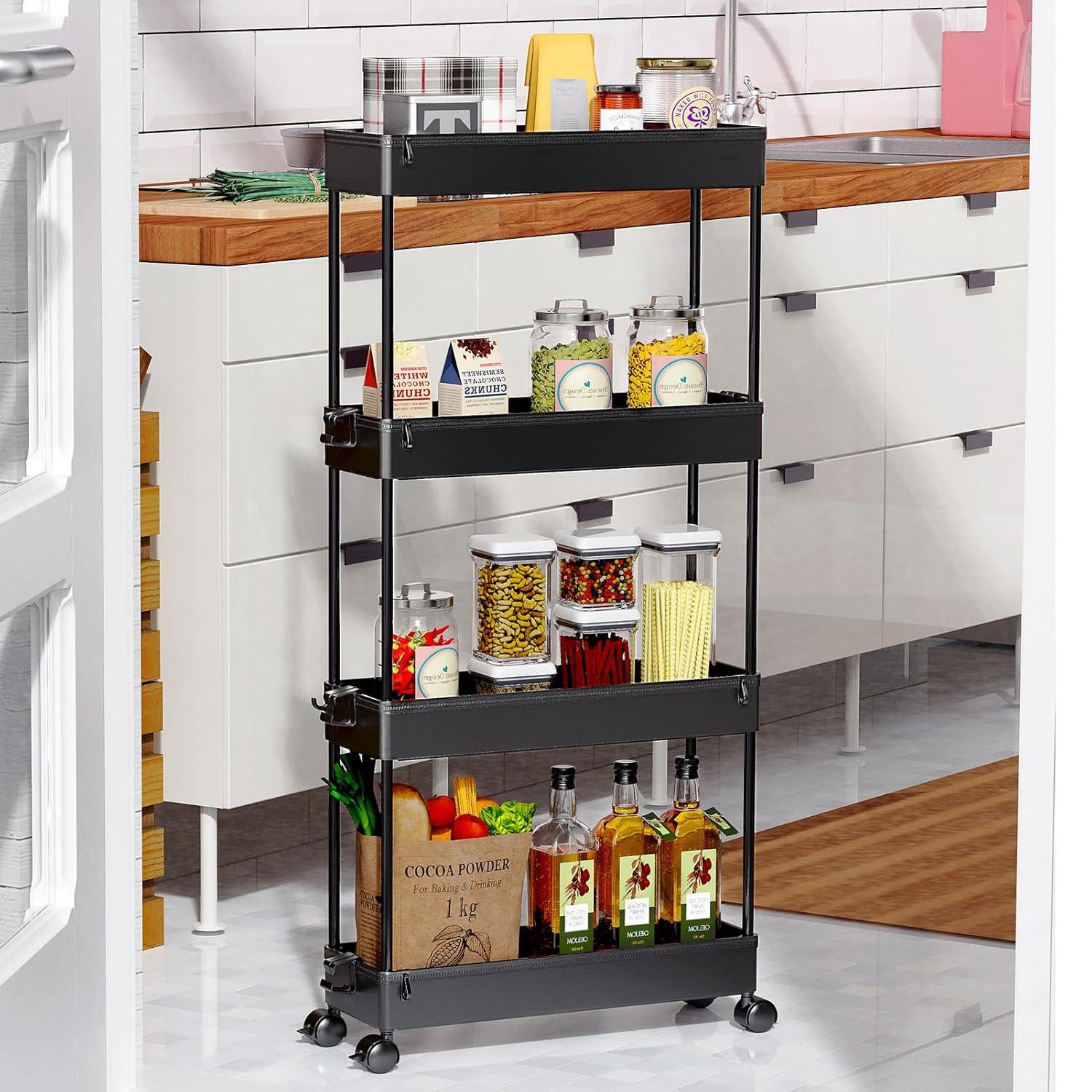 Black 4-Tier Rolling Storage Cart with Adjustable Shelves