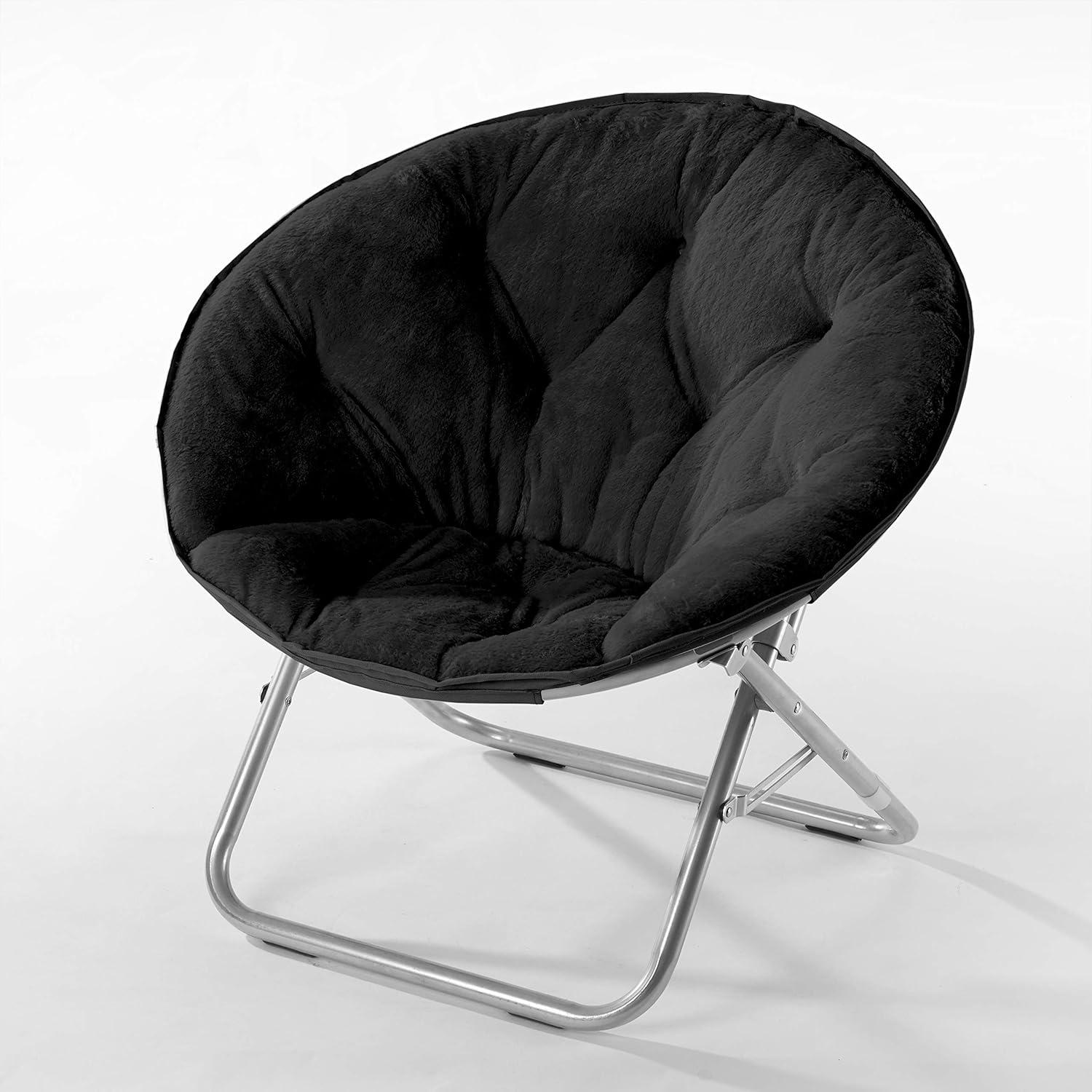 Plush Black Faux Fur Round Foldable Saucer Chair