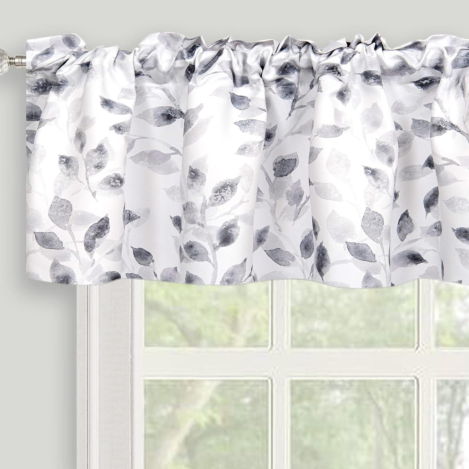 Gray and White Watercolor Leaves Rod Pocket Valance