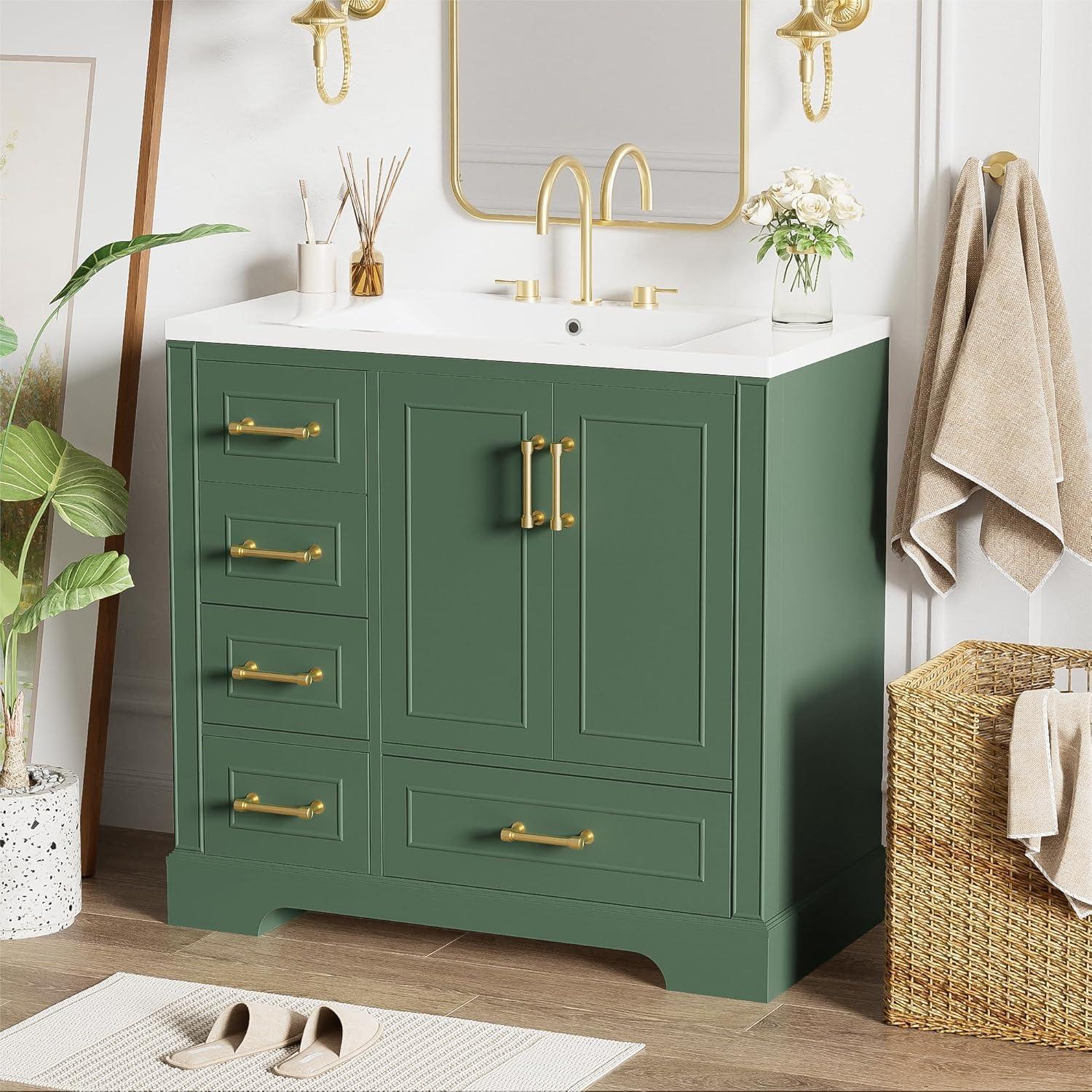 36-Inch Green Freestanding Bathroom Vanity with Resin Sink and Gold Handles