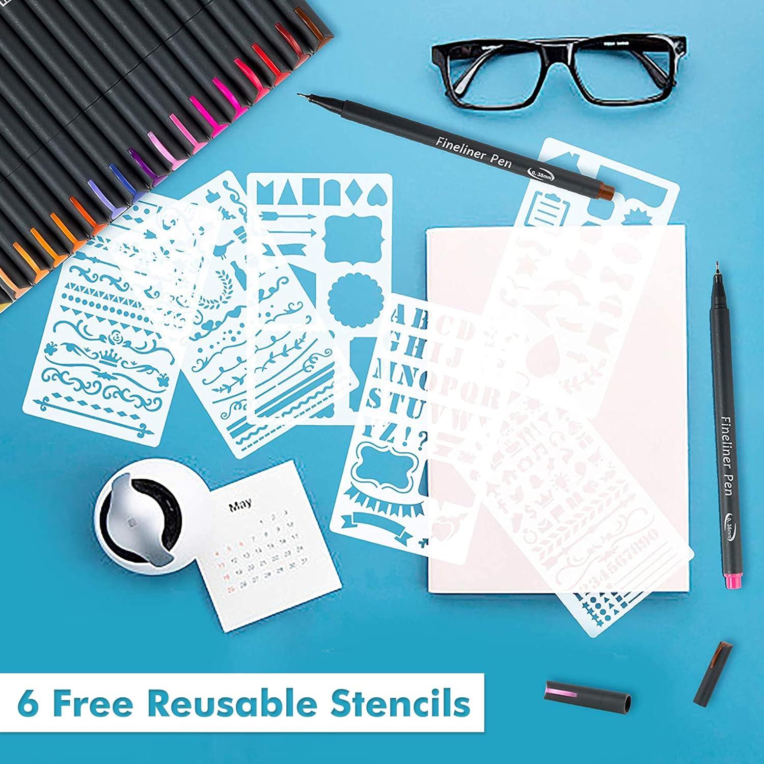 46 Pack Journal Planner Colored Pens, Lineon 40 Colors Fineliner Pens with 6 Different Stencils, Perfect Set for Journal Planner Note Calendar Coloring