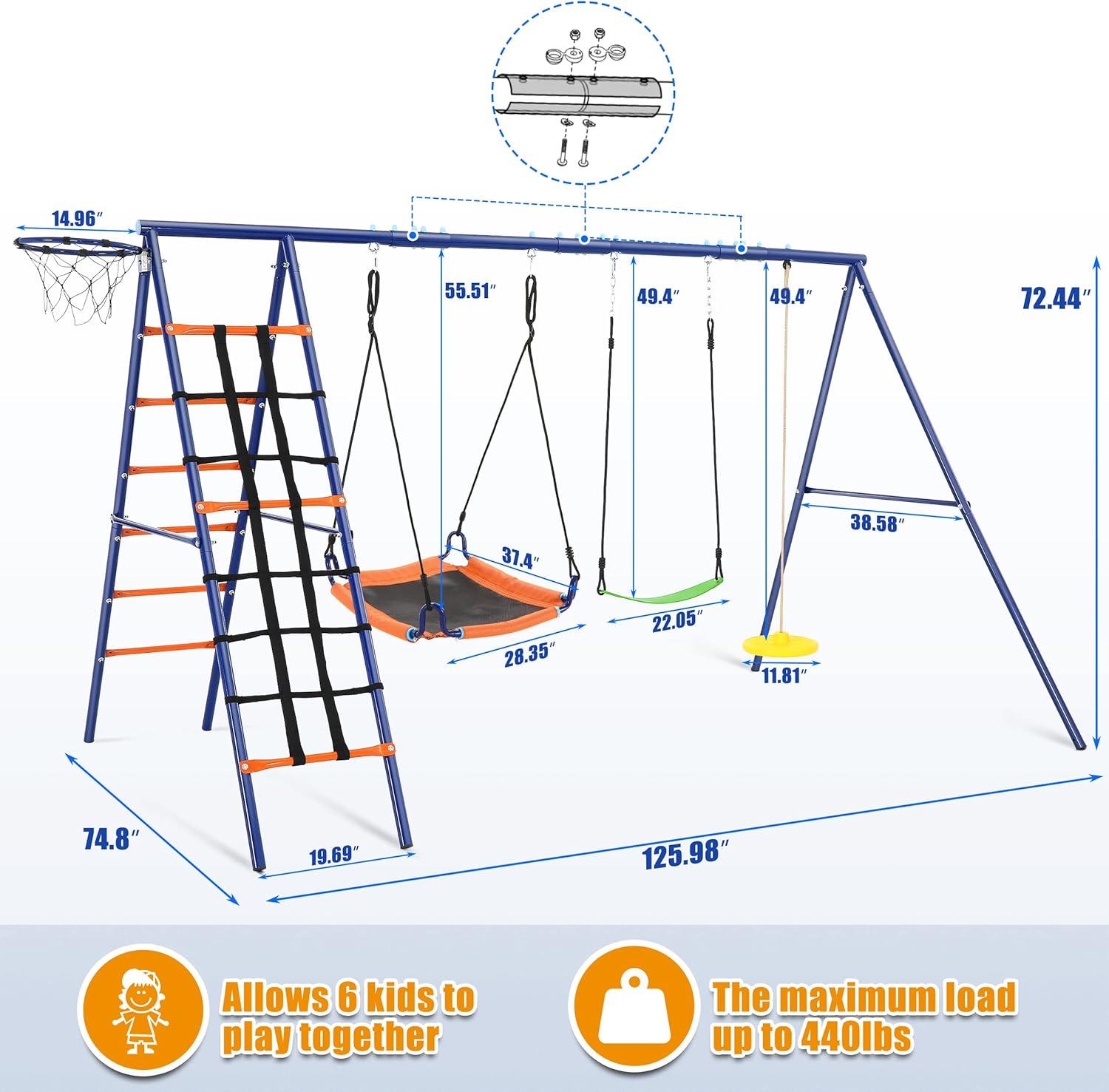 Heavy Duty Blue and Orange Metal Swing Set with Climbing Net