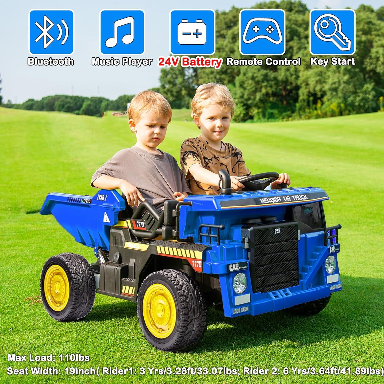 NEWQIDA 12V Ride On Dump Truck for Kids Car with Remote Control Construction Vehicles with Electric Dump Bed/Shovel, Ride On Toys for Boys Girls, 19" Spacious Seat, Music, Soft Start, Music, Blue