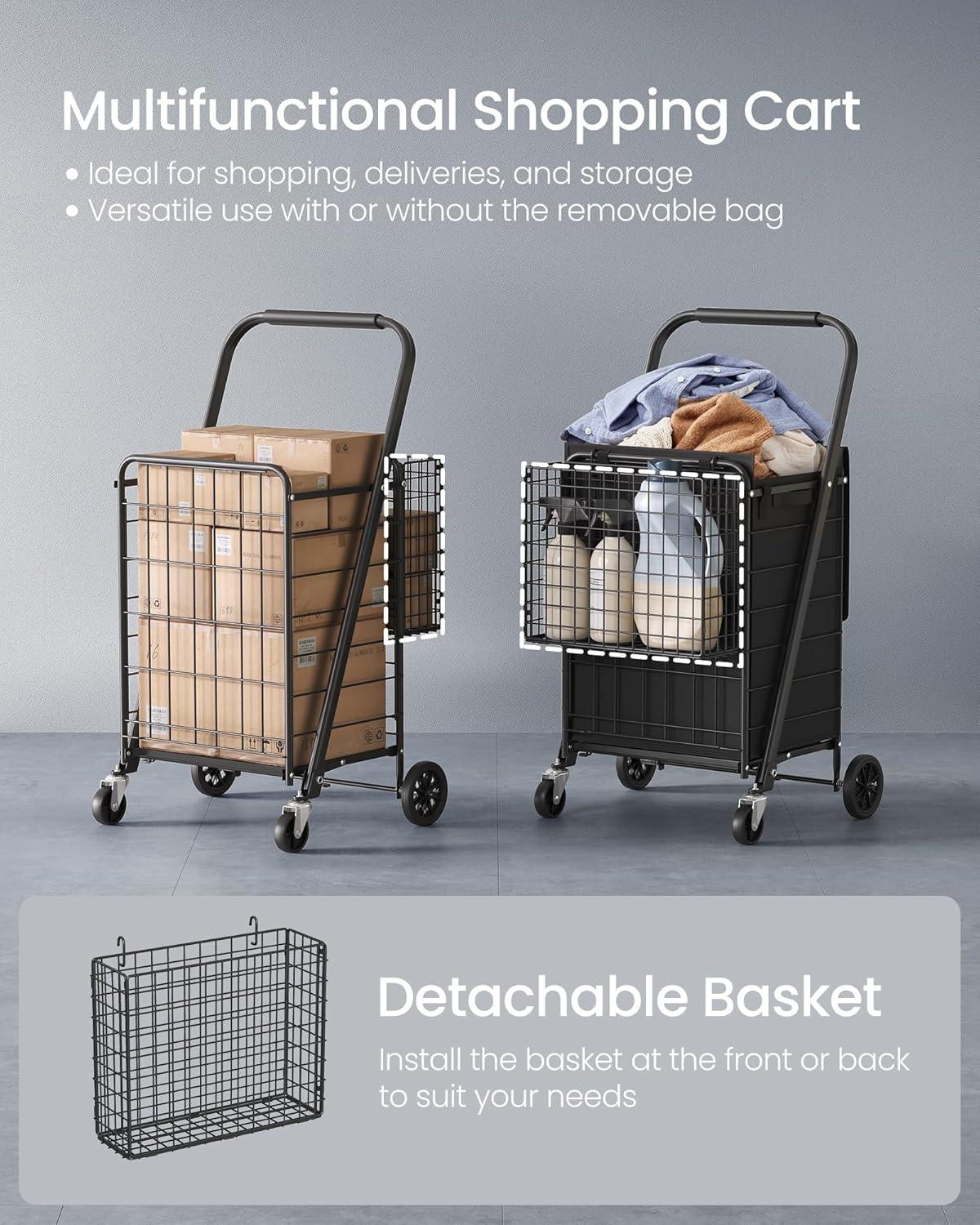 Foldable Shopping Cart, Heavy Duty Grocery Cart, Utility Cart, 360° SwivelBag, Removable Basket,