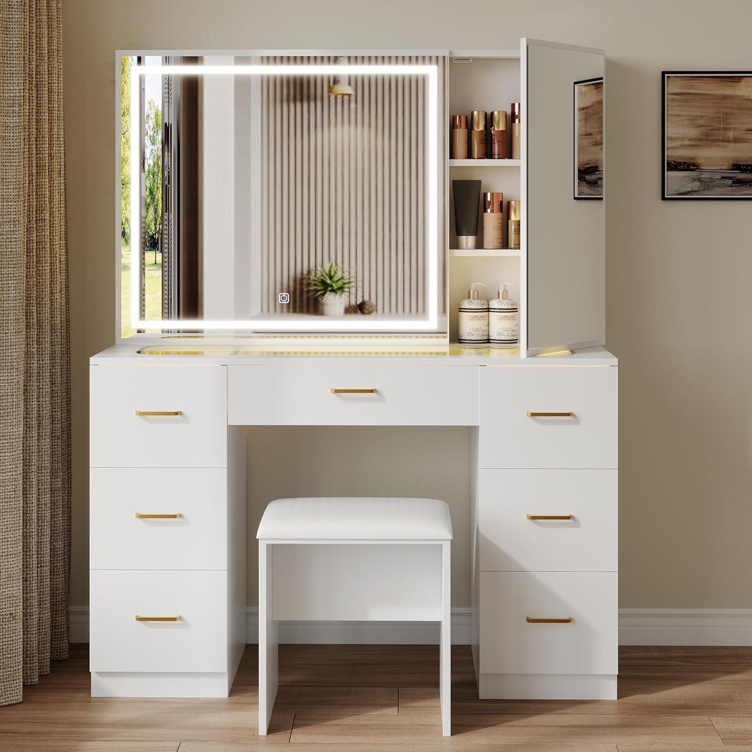 Vanity Desk with Lighted Mirror,Makeup Table with 7 Drawers,Wildhome Brand,Adult Age Group