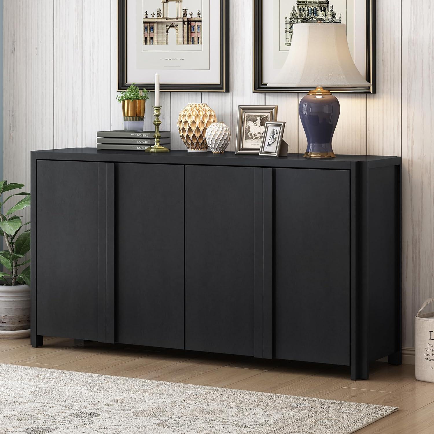 60'' Black Acacia Wood Sideboard with Adjustable Shelves