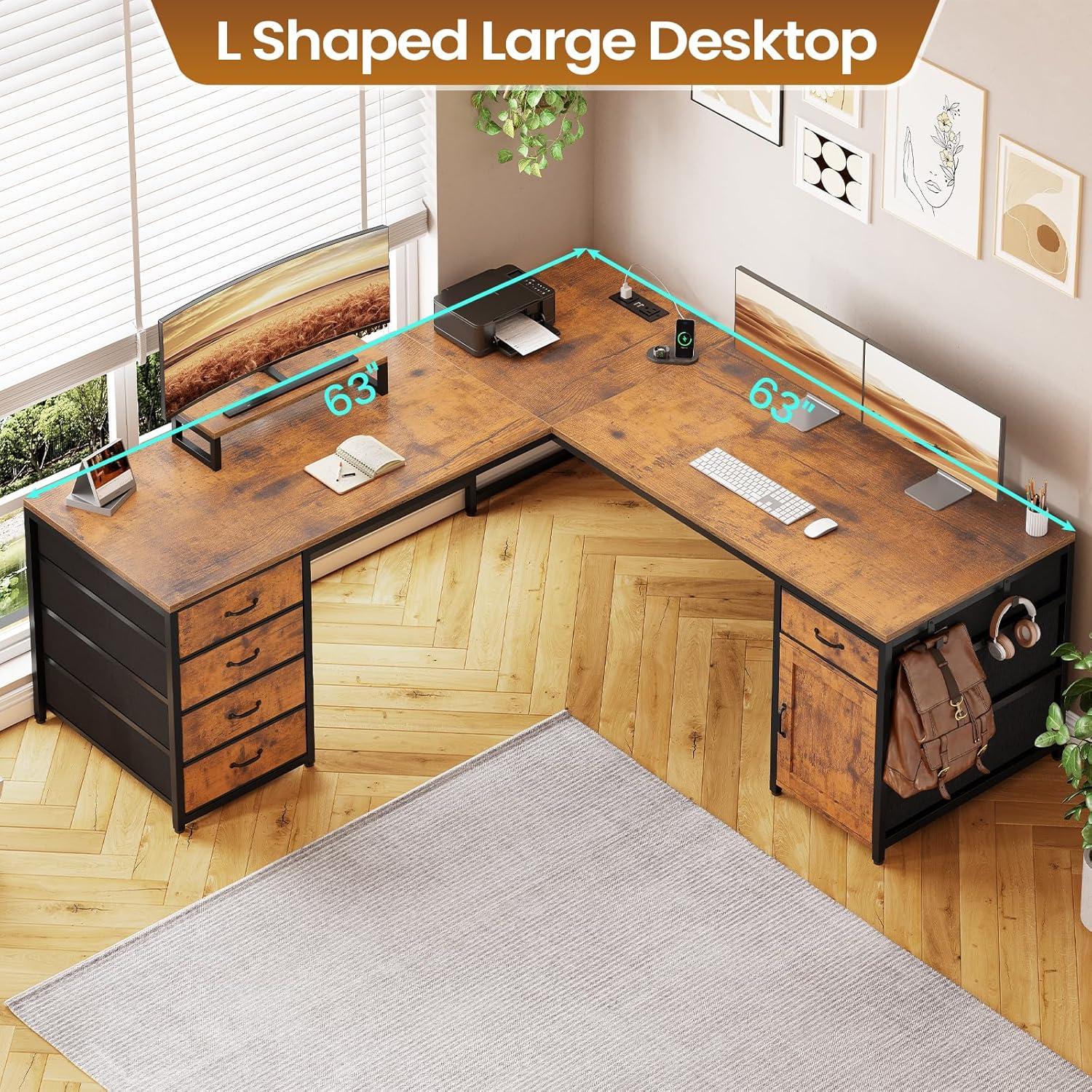 L-Shape Computer Desk with Shelf and Drawer, 63" Corner Desk Two Person Desk with Charging Station Port and Storage Cabinet,Brown