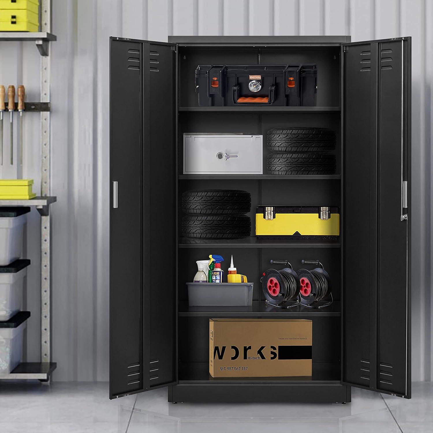 Metal Storage Cabinet, Steel Lockable Garage Cabinet, with 2 Doors and 4 Adjustable Shelves. 71" Locking Storage Cabinet for Home, Office, Garage, Gym, School