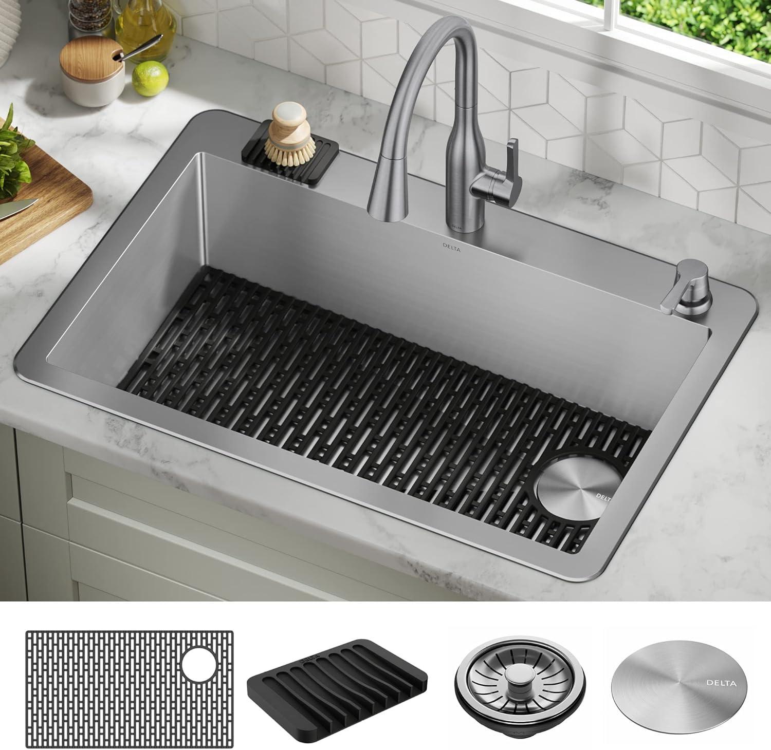 Delta 33" Stainless Steel Drop-In Single Bowl Kitchen Sink with Accessories