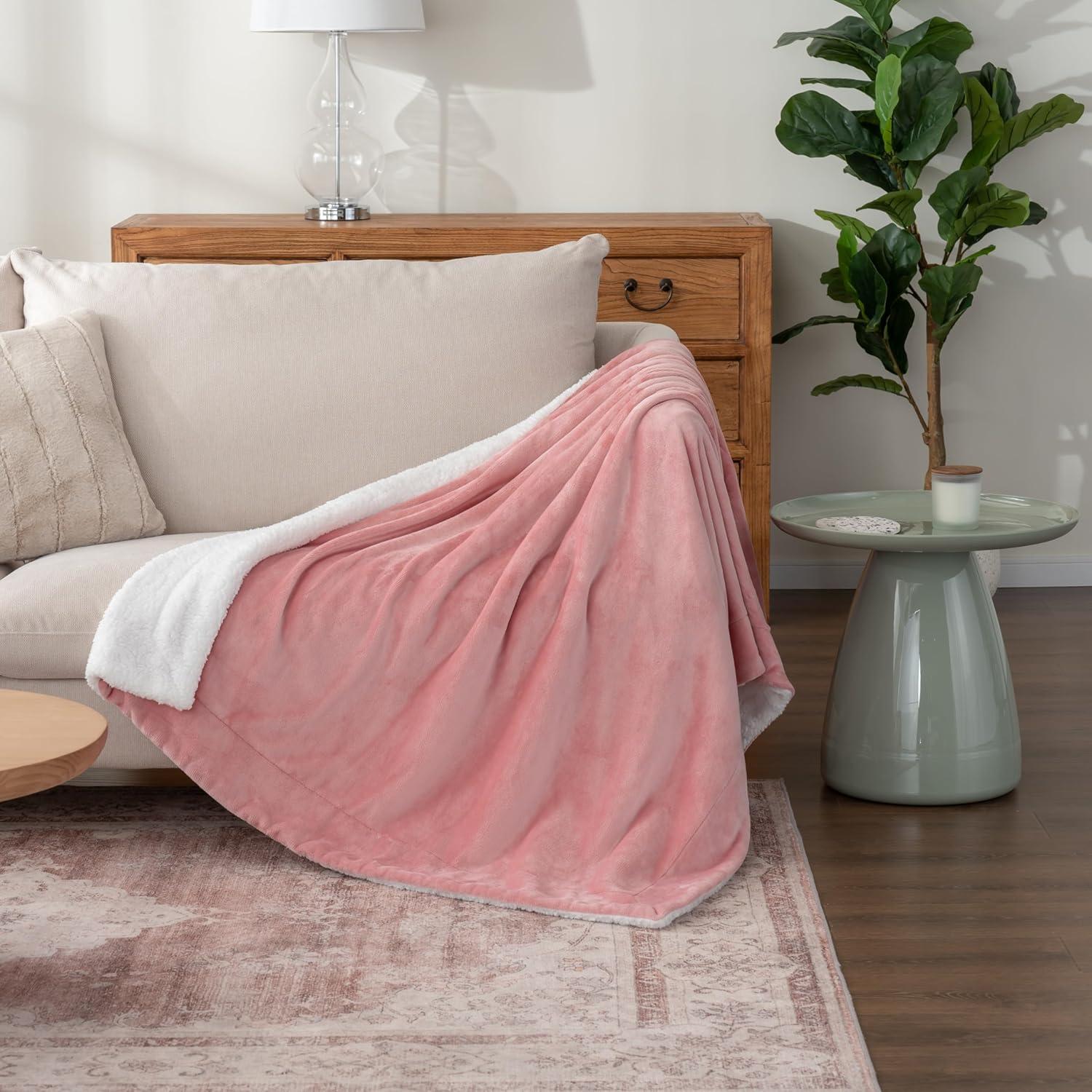 Berkshire Blanket-Sherpa Throw Blanket, Warm and Soft Loftmink Reversible Throw for Couch, Sofa and Travel, Frosty Mauve, 50 in x 60 in