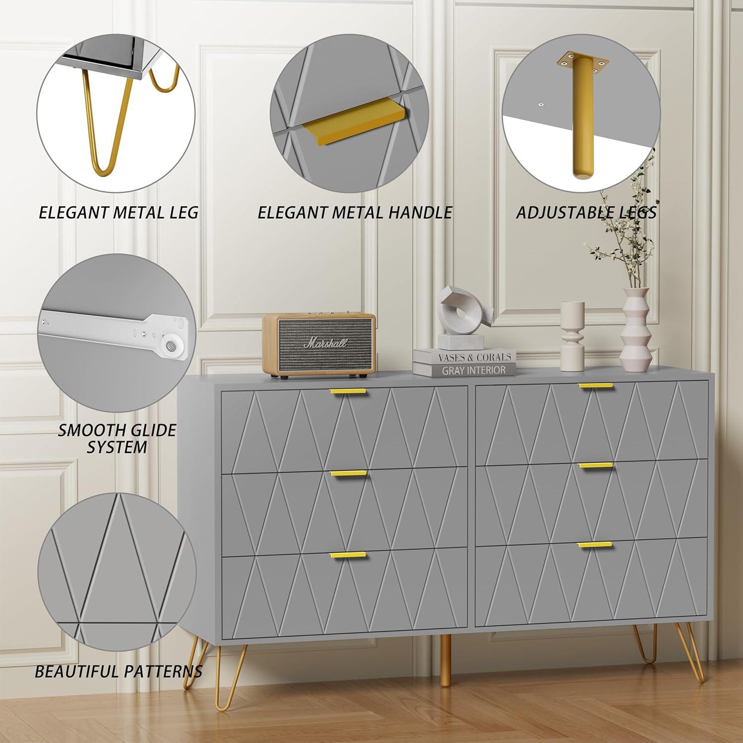 eclife 6 Drawer Dresser Drawer Chest Tall Storage Cabinet Organizer Unit Bedroom Living Room Large-Gray