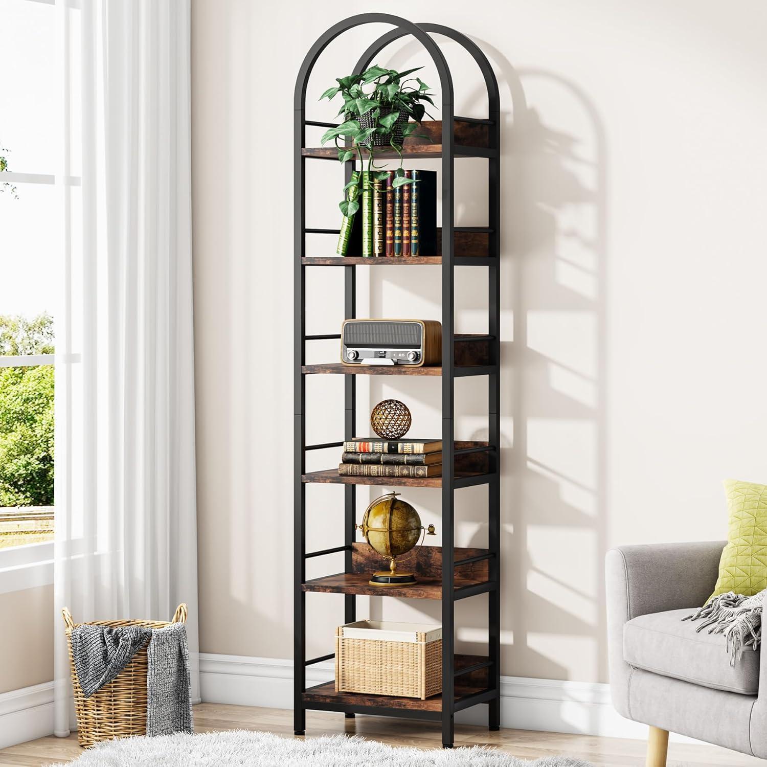 Tribesigns 6-Tier Open Bookshelf, 78.7" Tall Arched Bookcase Narrow Bookshelf, Rustic Brown