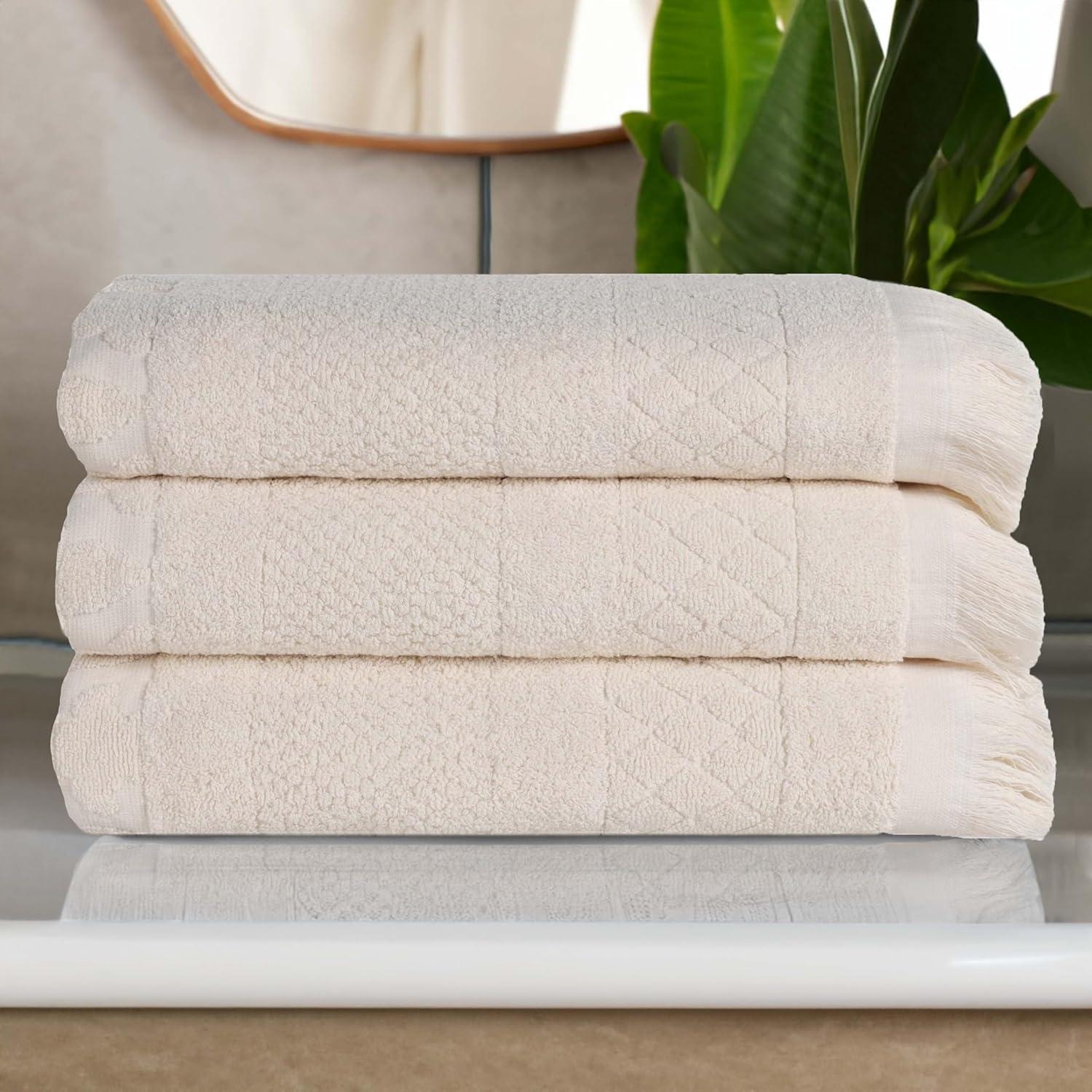 Ivory Geometric Cotton Bath Towel Set, 54" x 30"