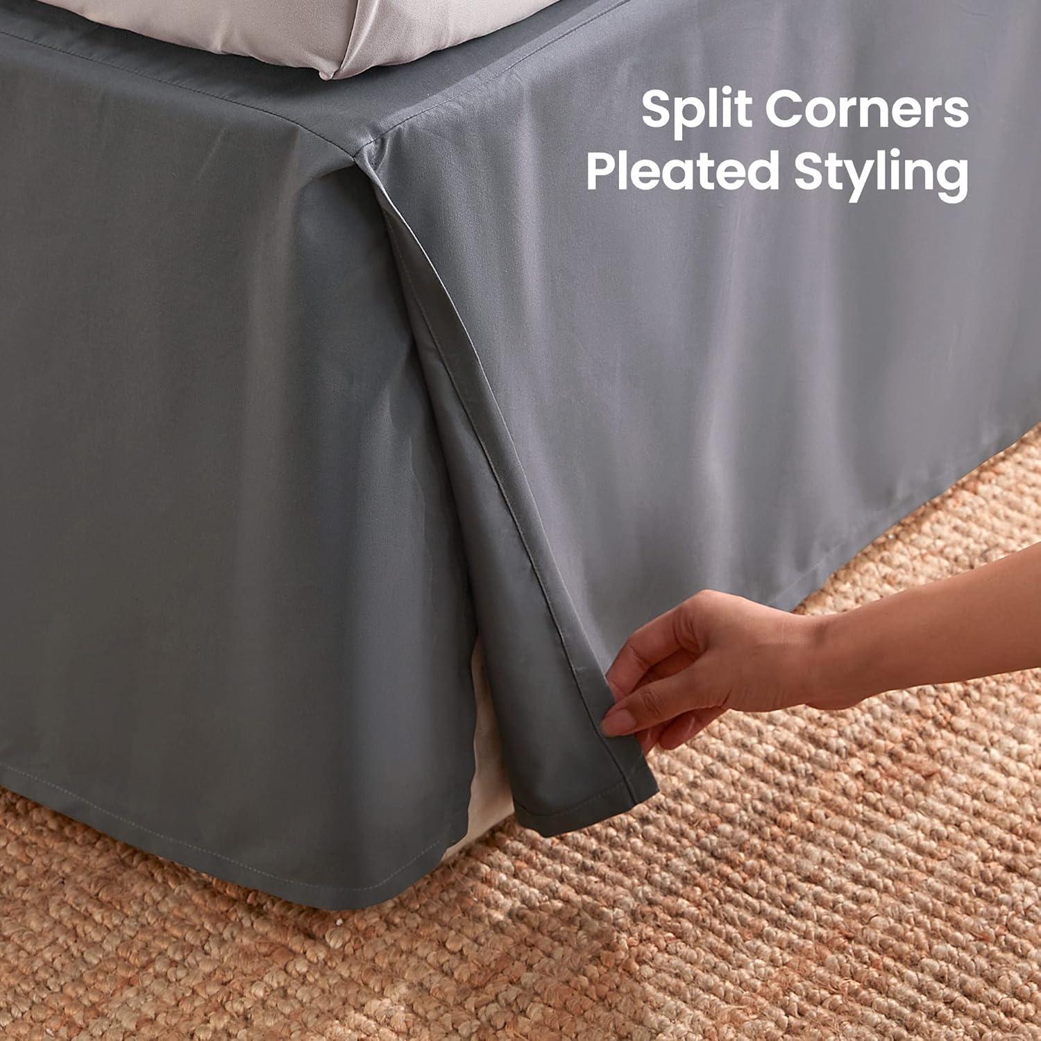 Full Size Gray Polyester Pleated Bed Skirt with 15-Inch Drop