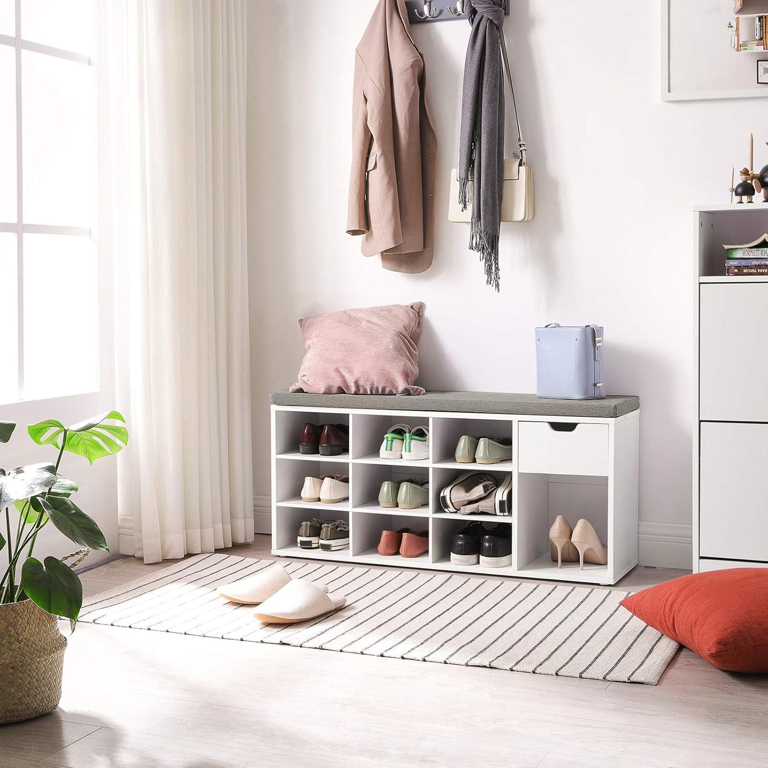 White and Gray Particleboard Storage Bench with Cushion and Compartments