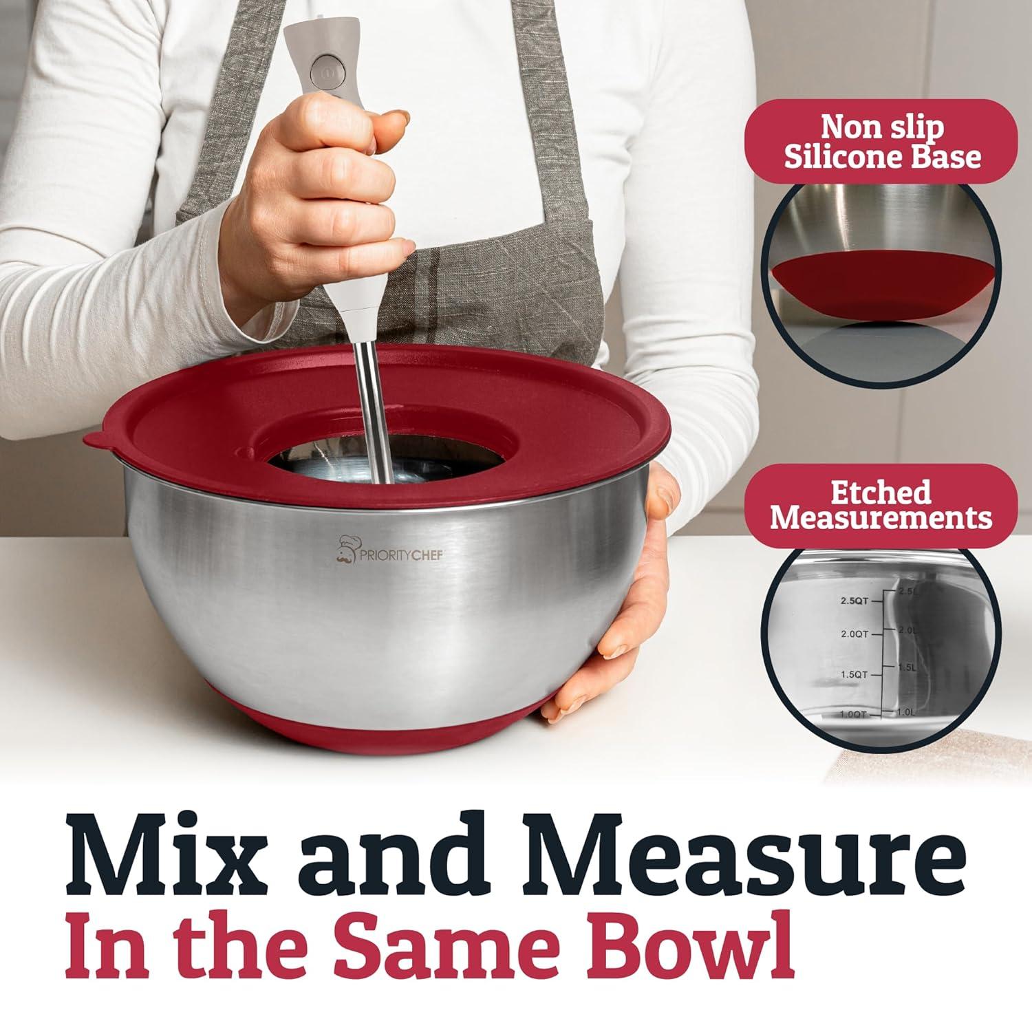 Mixing Bowls with Lids Set - Nesting Bowls with Airtight Lids + Graters - Stainless Steel Non-Slip Mixing Bowl for Baking, (Red, 5-Piece Set)