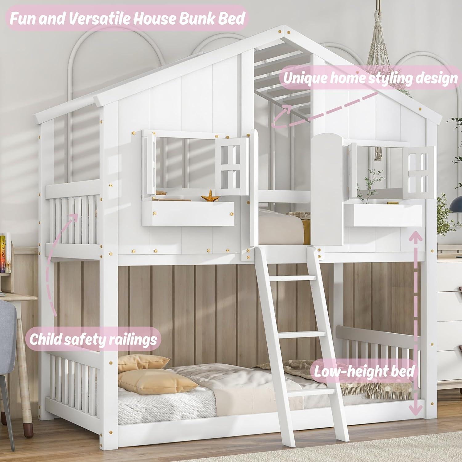 Harper & Bright Designs House Bunk Bed Twin Over Twin Kids Bunk Bed Wood Frame with Roof, Window, Window Box, Door, Safety Guardrails and Ladder, for Girls Boys (Twin Size, White)