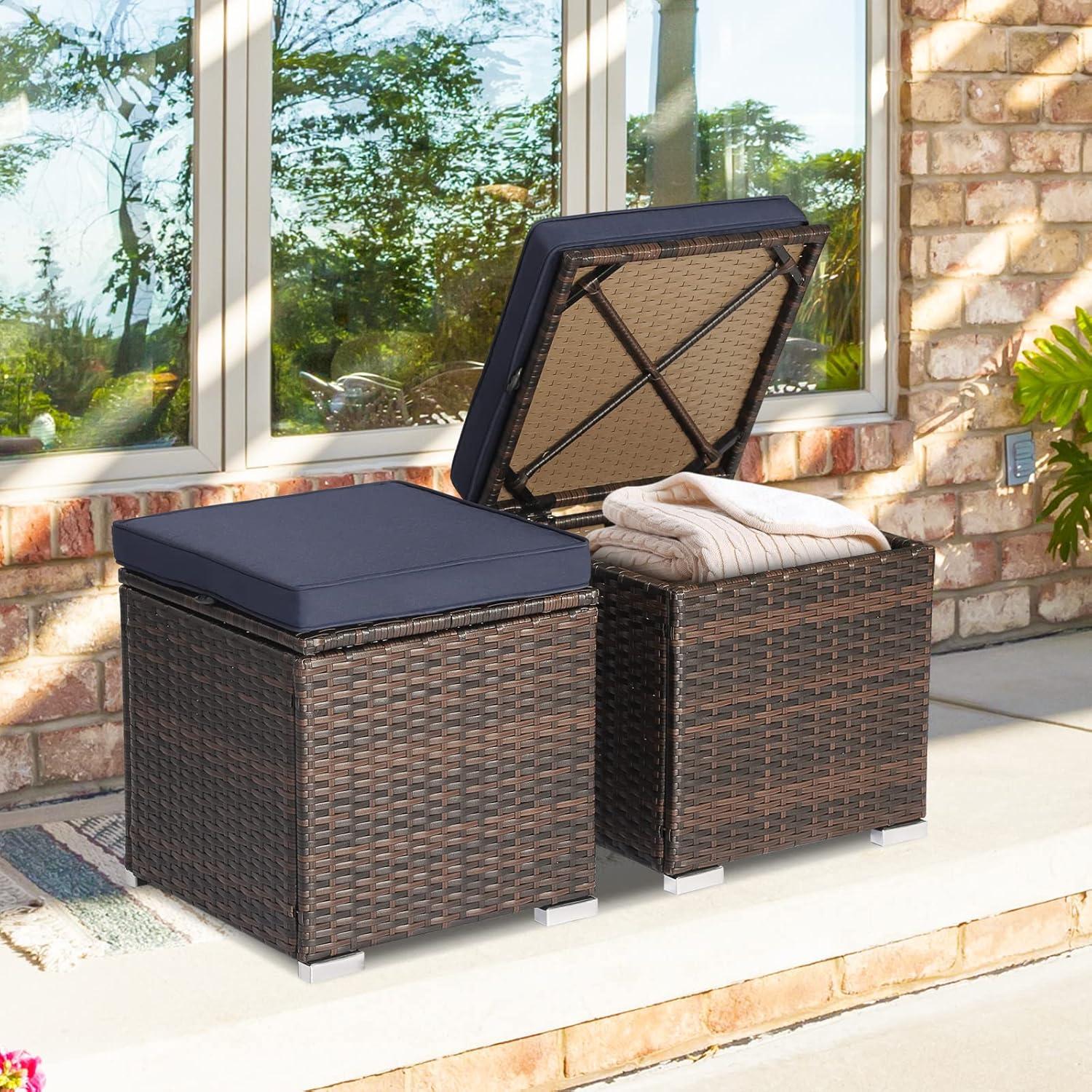 Navy Cushioned PE Rattan Storage Ottomans Set