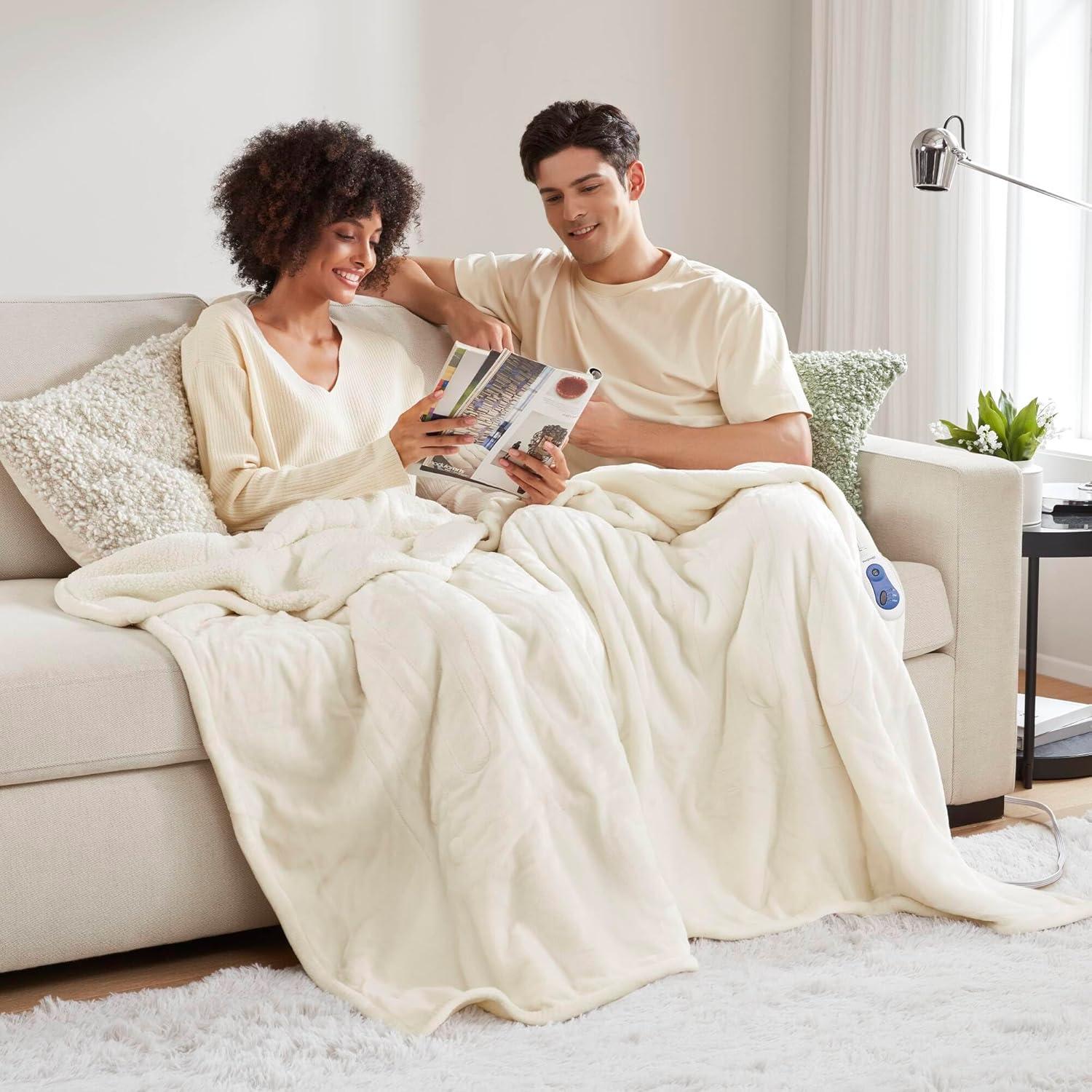 Ivory Sherpa Electric Heated Reversible Throw Blanket